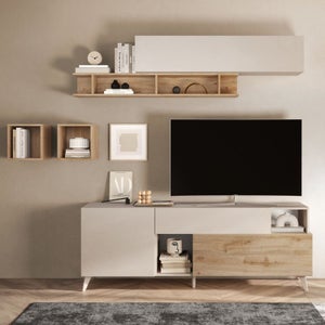 Parete Attrezzata Denali Di Dmora - Set Soggiorno Modulare Ad Angolo, Bianco E Rovere, 230x41x180 Cm - Foto 5