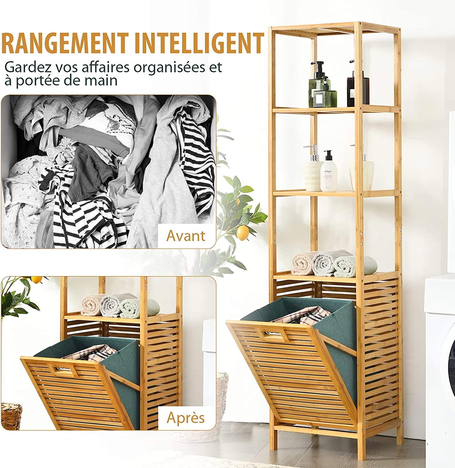 Colonne pour salle de bain avec panier à linge basculant et 3 etagères de rangement meuble - 4