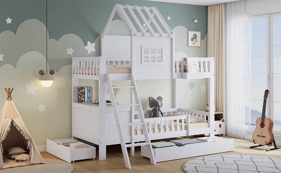 Letto a castello, letto per bambini, due cassetti con rotelle, tetto e finestra attraenti, bianco, 90x200cm - 7