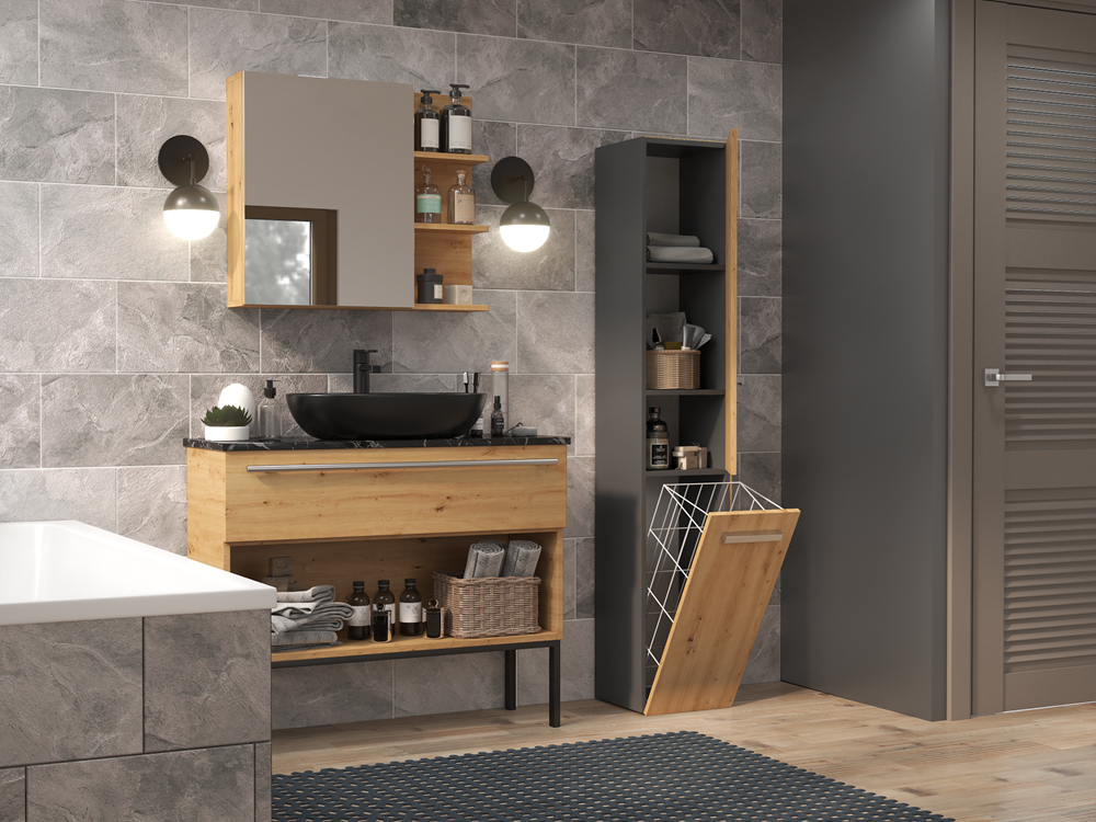 YANA - Mueble de baño con cesto de ropa - 31x30x174 cm - Columna de almacenamiento de baño - 7