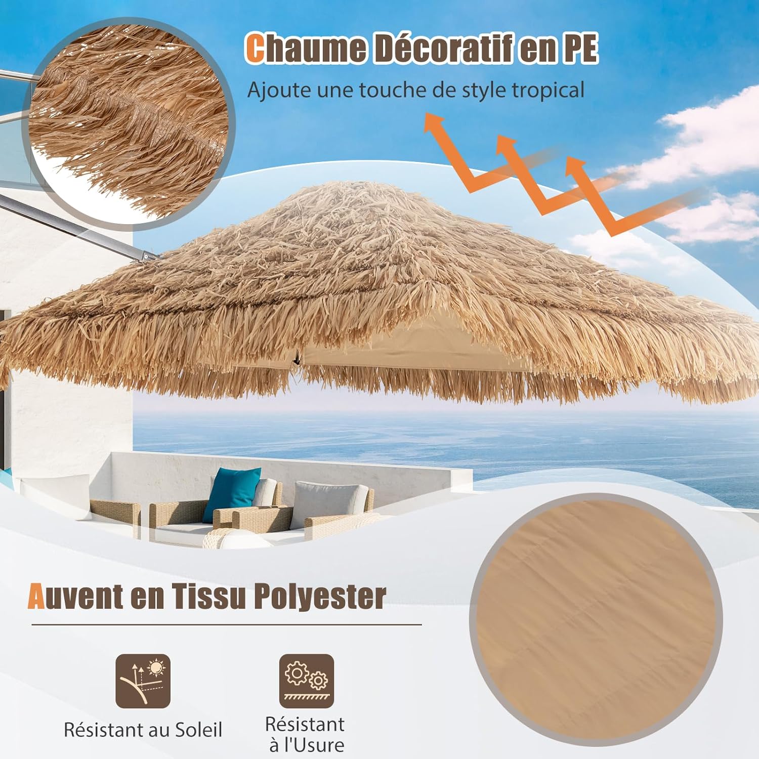 2,7M Parasol Paille en PE, Parasol Déporté Suspendu de Style Hawaïen Tropical, avec Double Toits, 8 Baleines, Base Non Incluse - 2