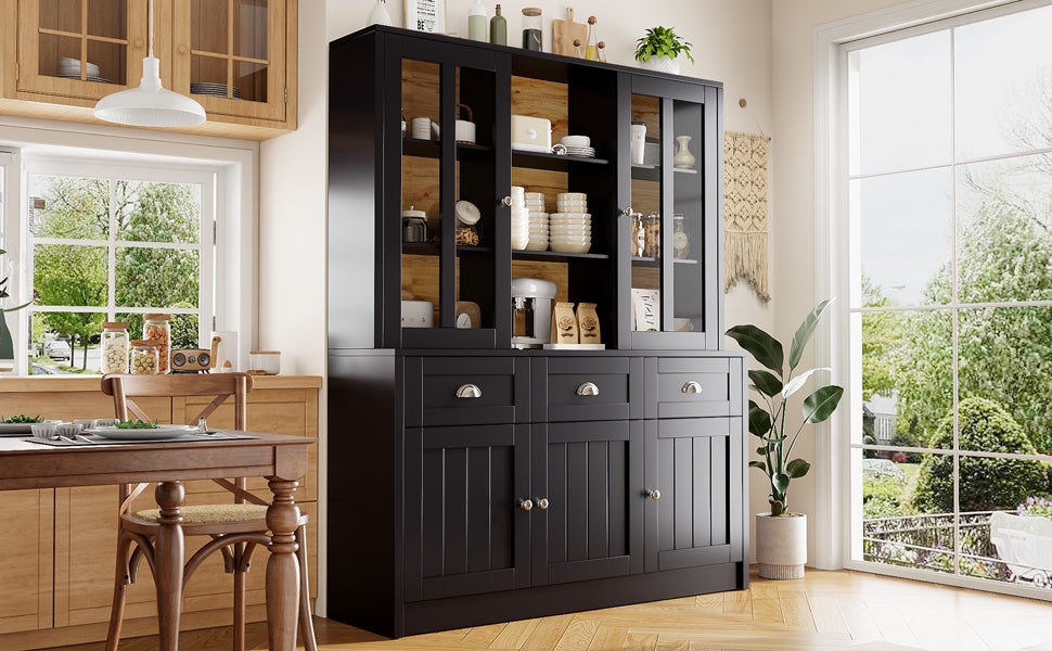 Kredens kuchenny z 5 drzwiami, 3 szufladami i półkami, witryna - 140 x 38,5 x 175 cm - MDF - Czarny + naturalny - 4