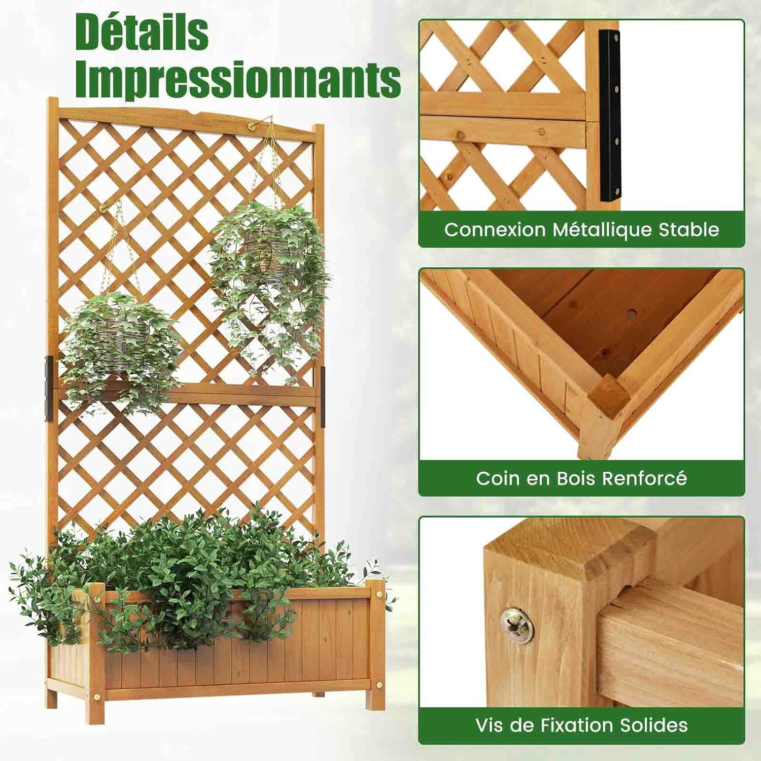 Fioriera da Esterno con Grigliato, Letto Rialzato in Legno con Traliccio e Fori di Drenaggio, Aiuola Rialzata per Piante Rampicanti e Fiori, 9 - 7