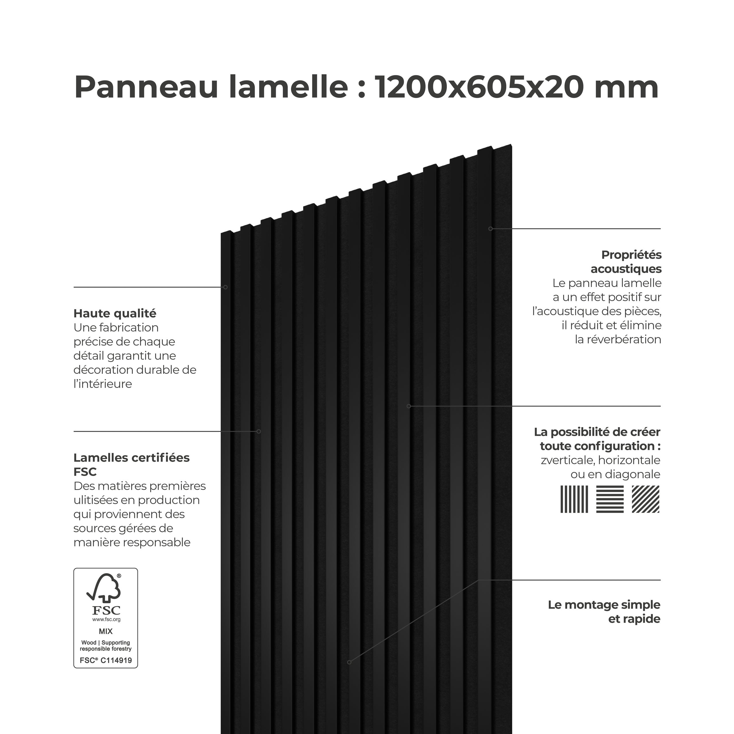 Panneau Tasseau Acoustique effet tasseau bois en feutre 1200mm x 605mm noir sur noir Linea Proline Stegu Ensemble de 4 pièces - 3