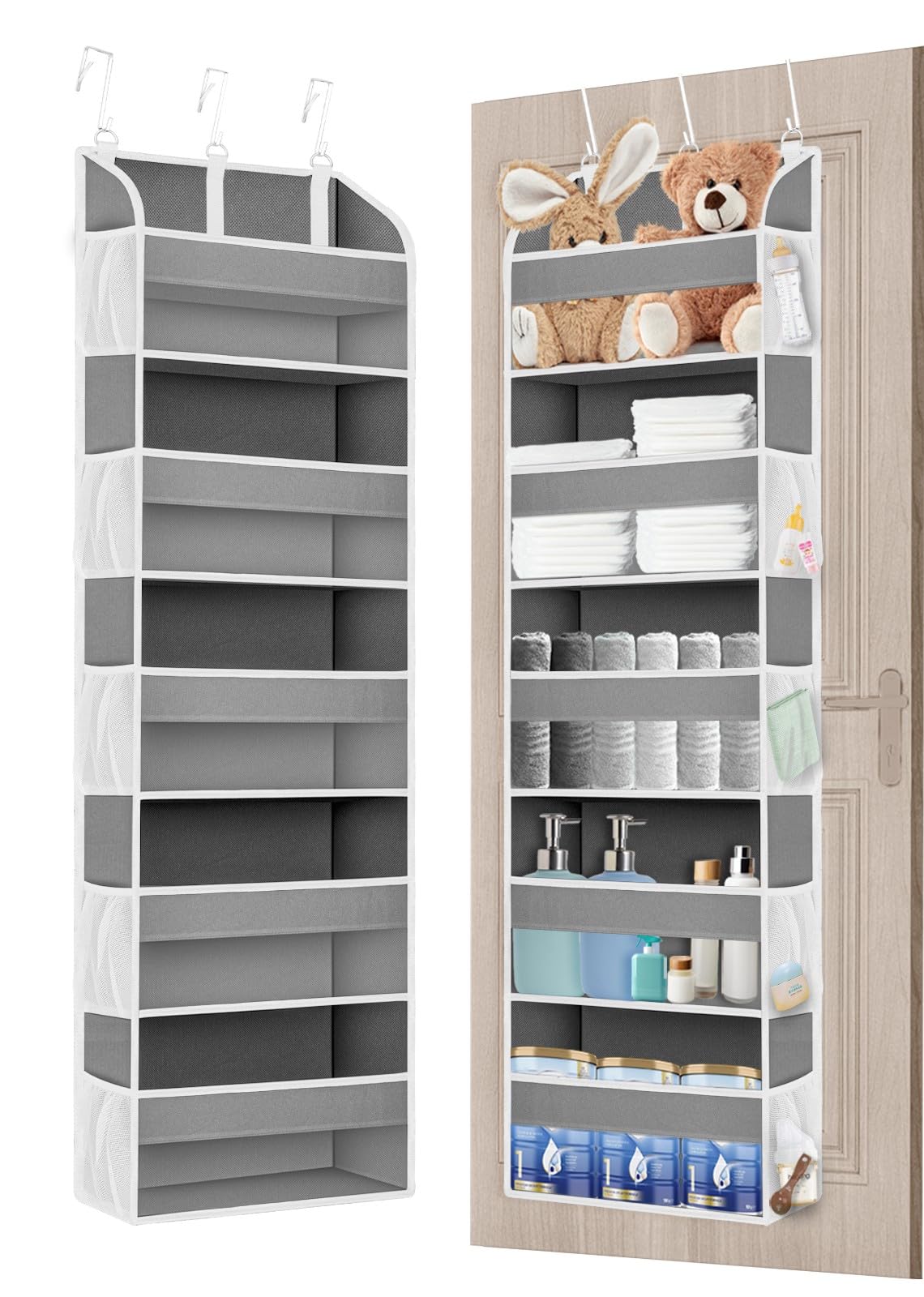 Yecaye Organizer Sopraporta 5 Ripiani + 10 Tasche - 20kg Di Capacità, Per Bagno, Armadio E Camera Da Letto, Grigio - 4