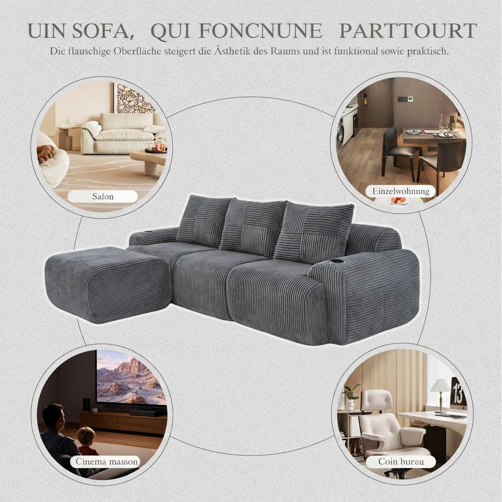 Canapé Modulable 3 Places en Velours Côtelé avec Porte-Gobelets et Rangement - Sofa Design Gris Foncé - 8