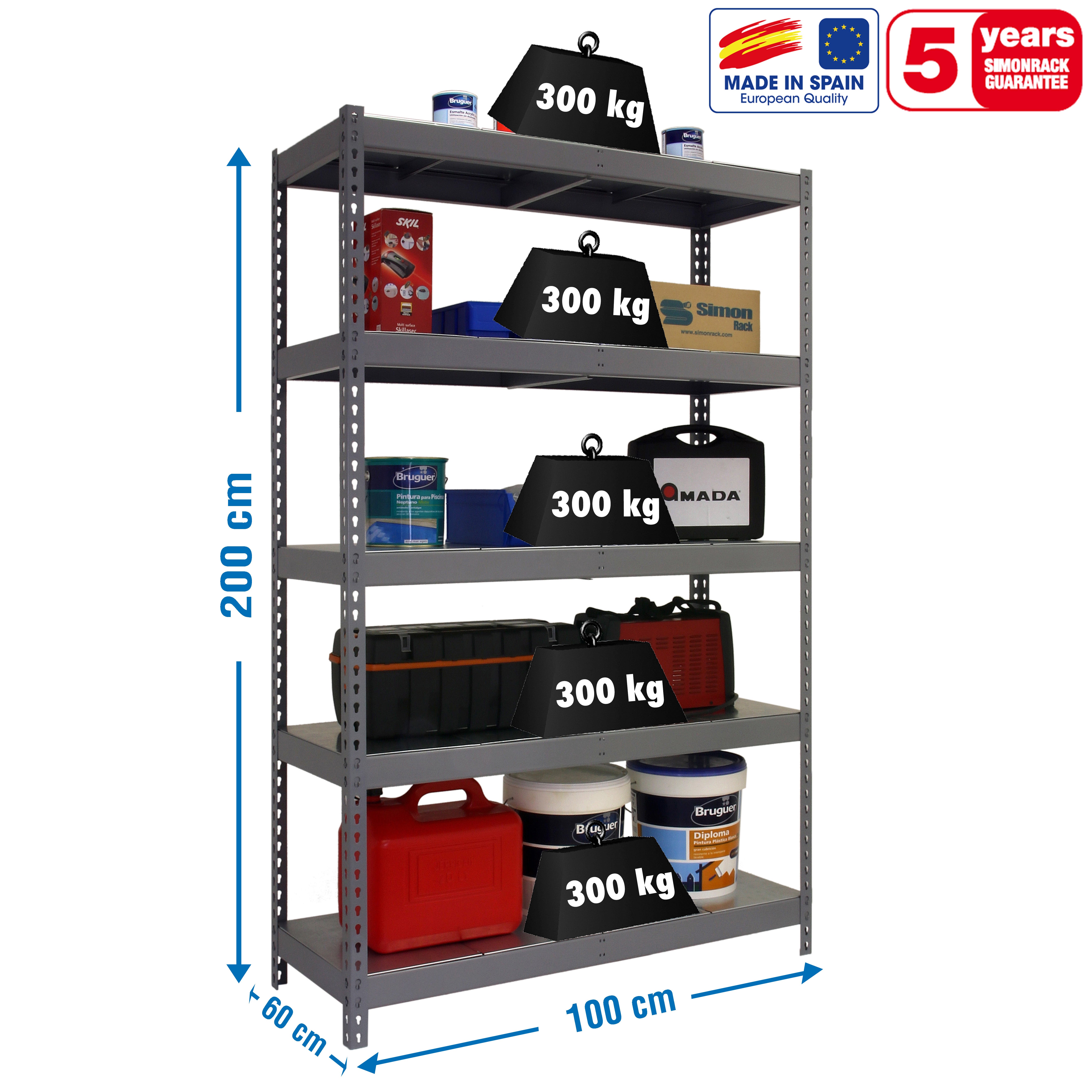 SimonRack Rayonnage Industriel 2000x1000x600 mm, 5 Niveaux Métal, 300 ...