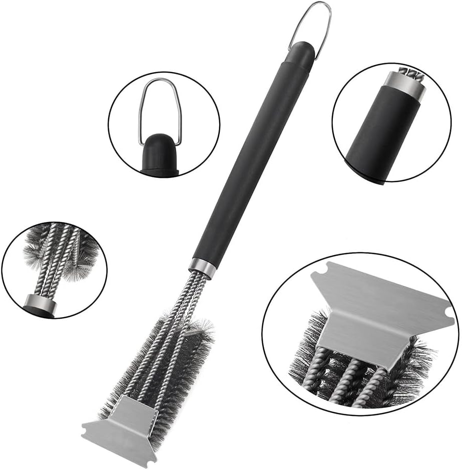 Brosse Nettoyage Barbecue 3 En 1 – Poils Acier Inoxydable + Grattoir – Poignée Isolante – Longueur 44 Cm