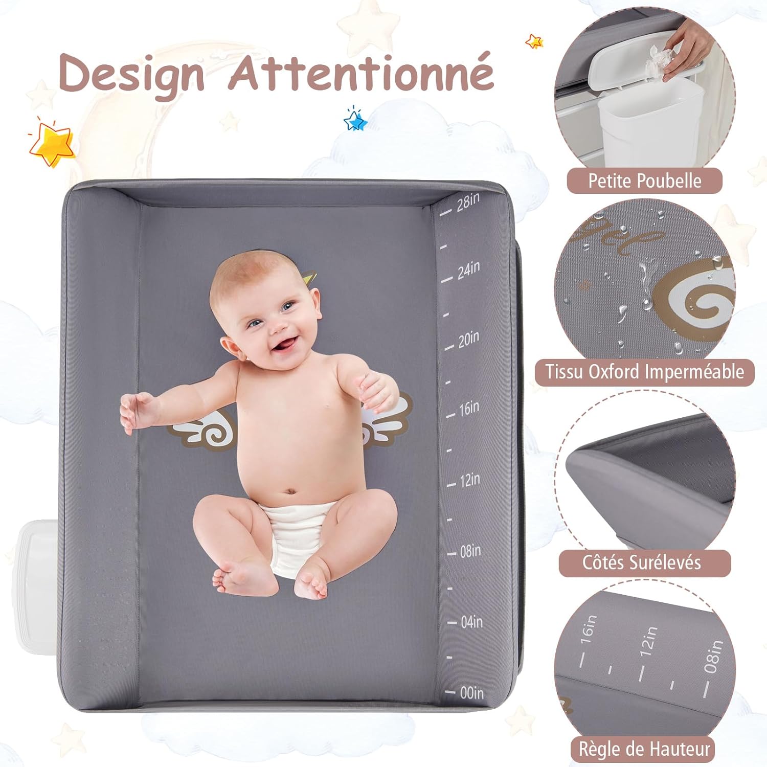 Fasciatoio pieghevole, colore grigio, con cestino e piano di appoggio, fasciatoio compatto, salvaspazio e stabile, per bambini fino a 12 mesi