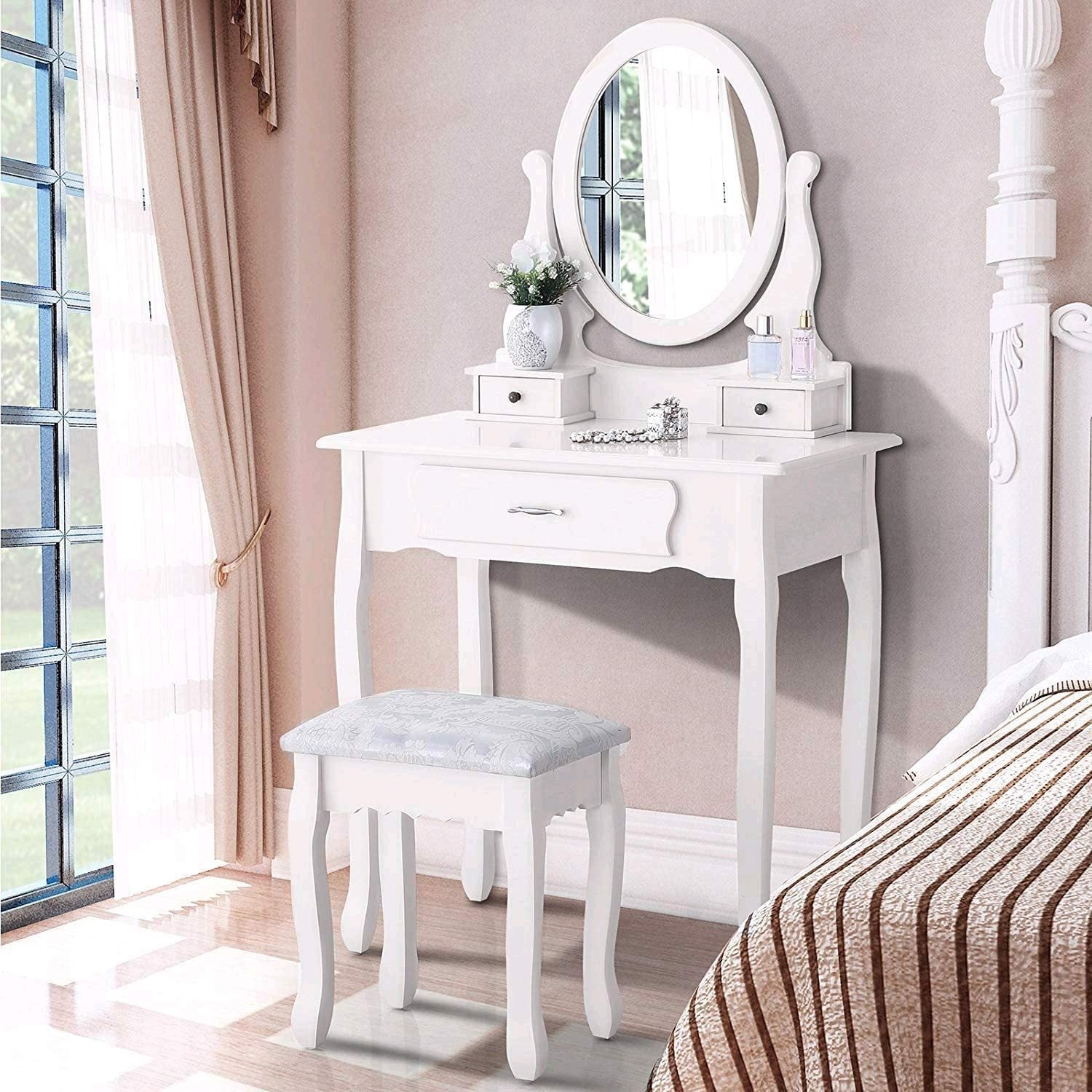 Coiffeuse Blanche avec Miroir Pivotant 360°, Table de Maquillage 3 Tiroirs et Tabouret Rembourré, Bureau 2-en-1 Chambre, 75x40x136cm - 7