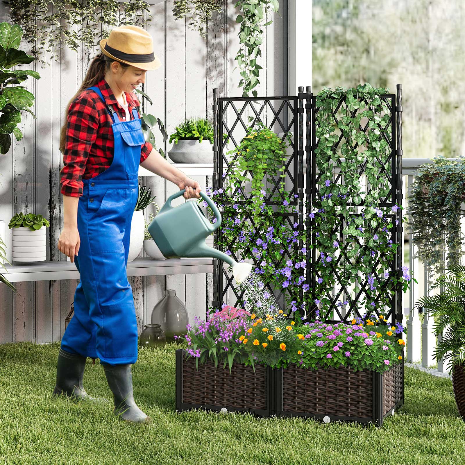 Jardinière Surélevée avec Treillis, Double Bac à Plantes Auto-arrosant avec Trous de Drainage pour Plantes Grimpantes, Fleurs et Légumes - 2