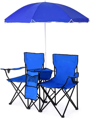 Chaise de camping pliante 2 places en pvc avec poche isotherme,porte-gobelet, parasol, 113 kg, bleu