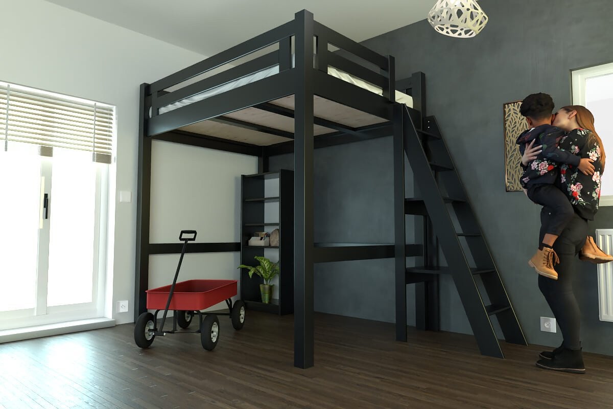 Échelle Mezzanine Métal Noir 100-300cm - Pour Lit Haut, Grenier, Urgence