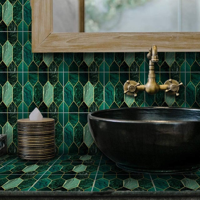 Azulejos autoadesivos em estilo mosaico para paredes e pisos, incluindo painéis de cozinha, 15 x 15 cm, na cor verde-dourada.