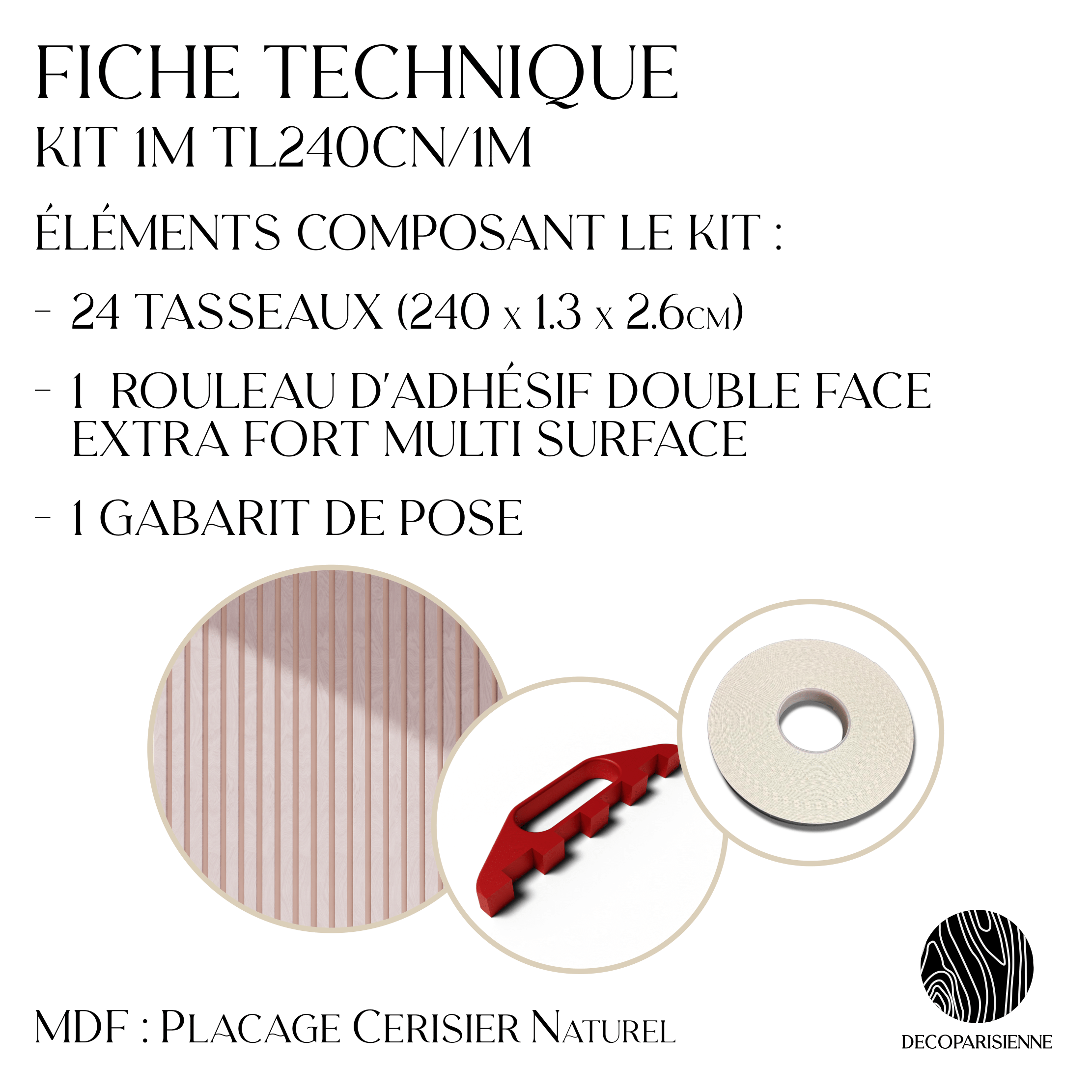 Kit tasseaux adhésif cerisier naturel - Gabarit de pose offert - Surface de 2,4 M2 - Panneau tasseau sur-mesure - 3