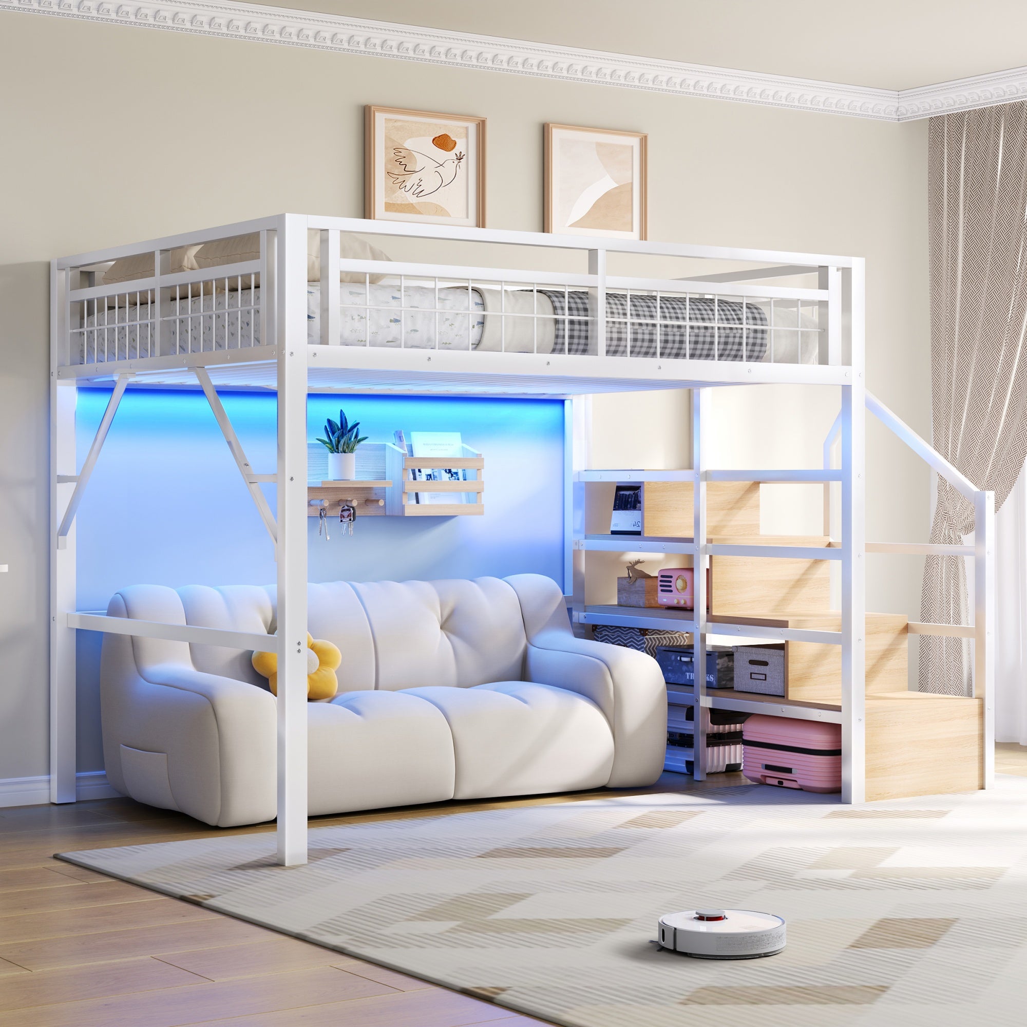 Lit mezzanine 140 x 200 cm avec éclairage LED, escalier avec rangements intégrés, espace libre modulable dessous, structure en métal robuste, blanc - 4