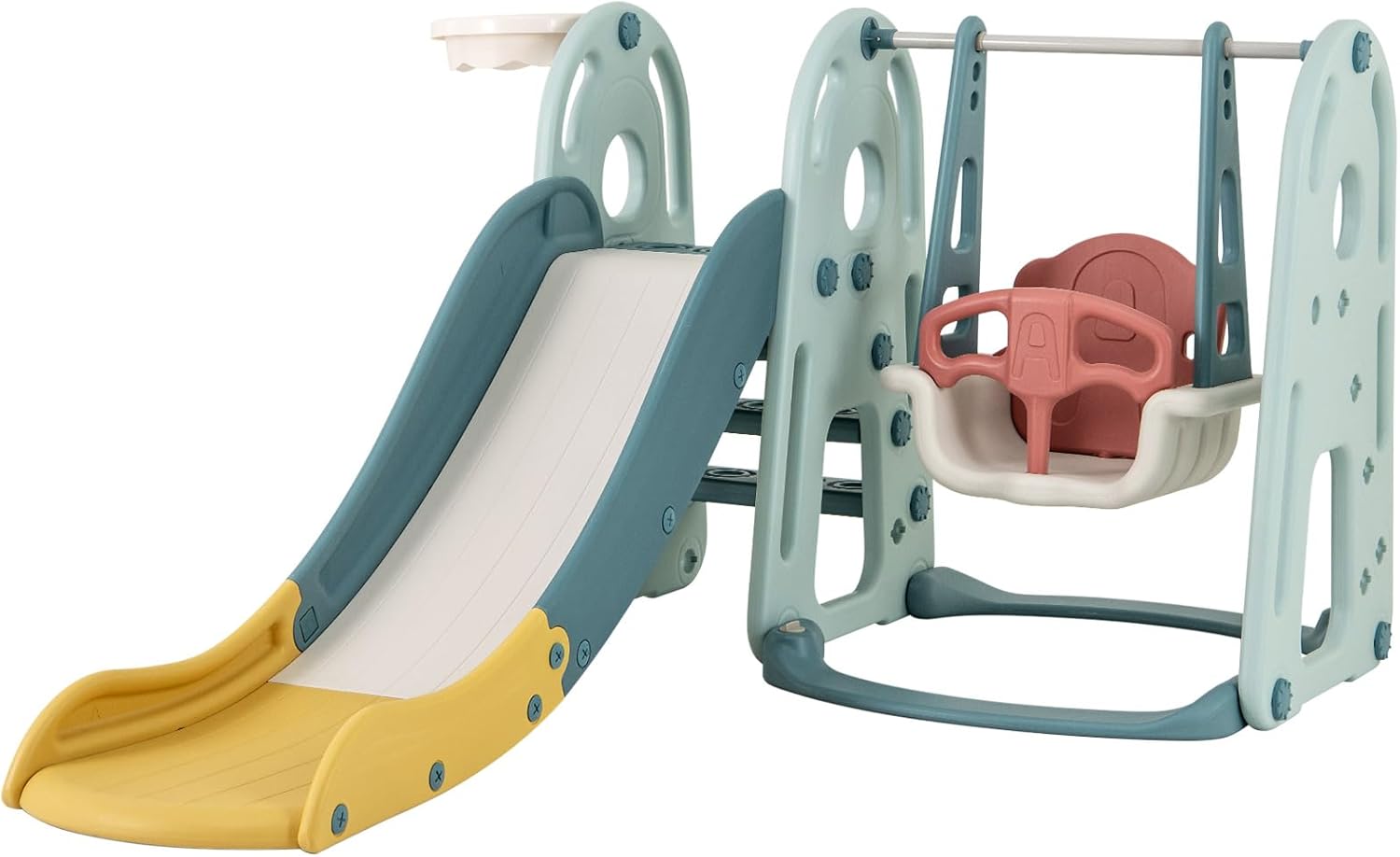 Escorrega 4 em 1 para Crianças em Ambientes Interiores e Exteriores com Baloiço, Cesto de Basquetebol, Escadas, Conjunto de Brinquedos Internos para - 6