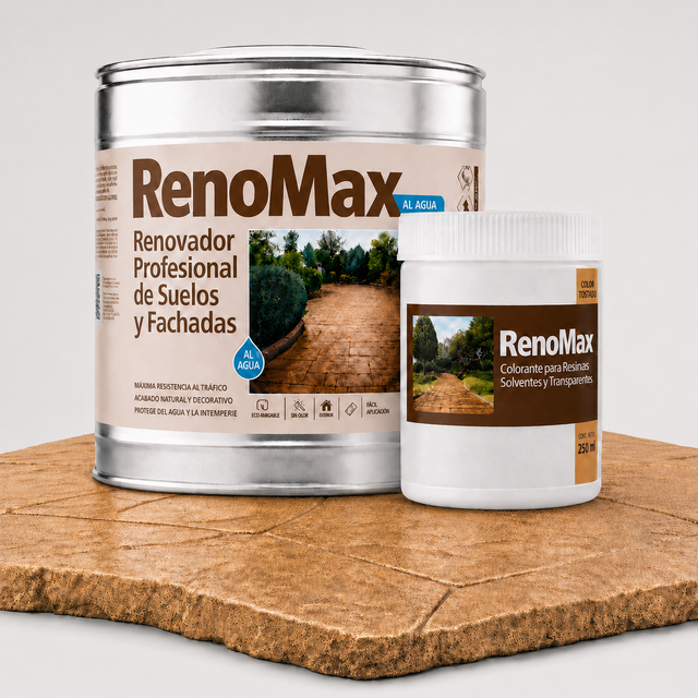RENOMAX - Resina Hormigon Impreso y Superficies Porosas Al Agua + Tinte Hormigon Impreso Color Tostado, 15L Cubre hasta 150m² | Garantía 5 Años