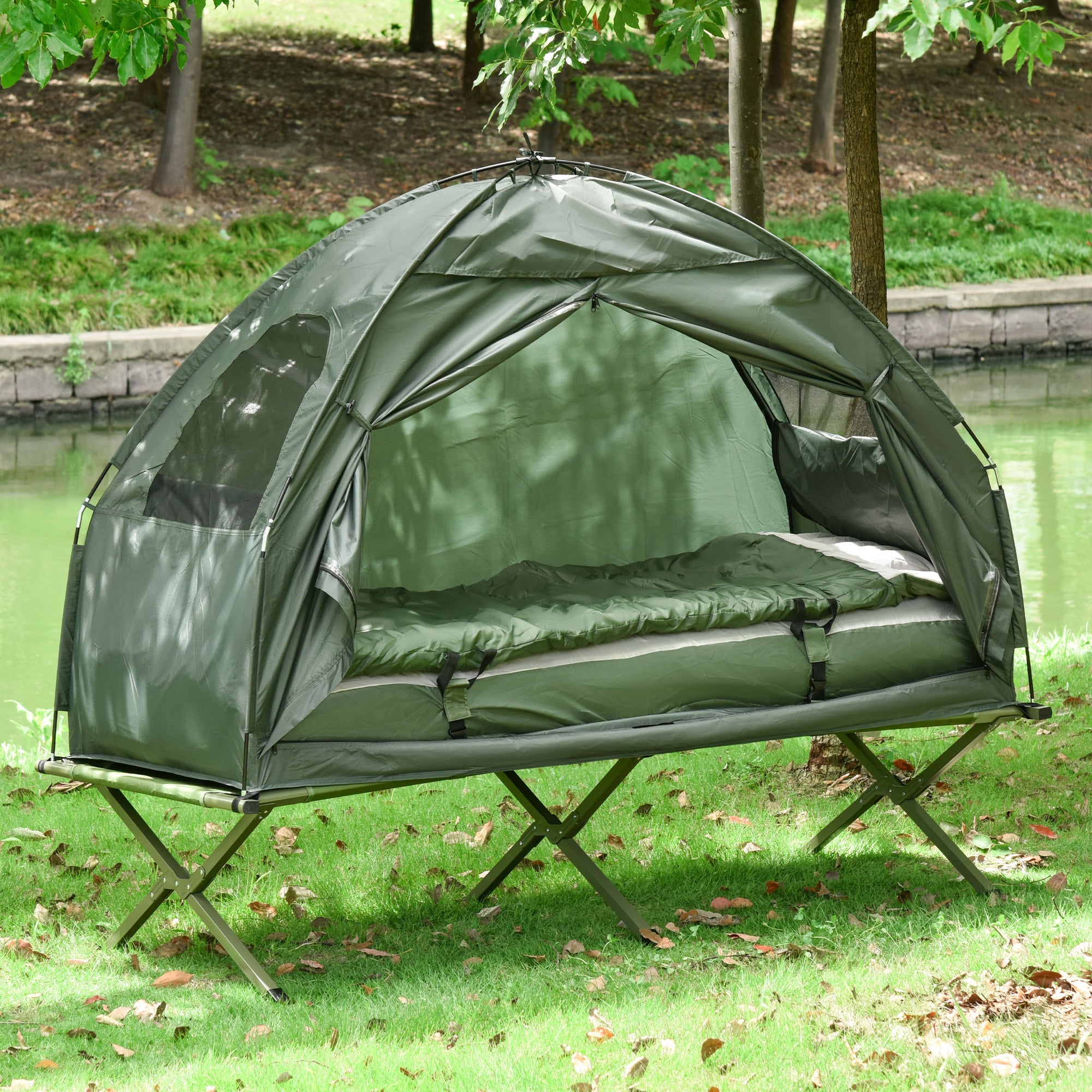 Ensemble tente de camping avec lit de camp, et matelas, vert foncé - 3