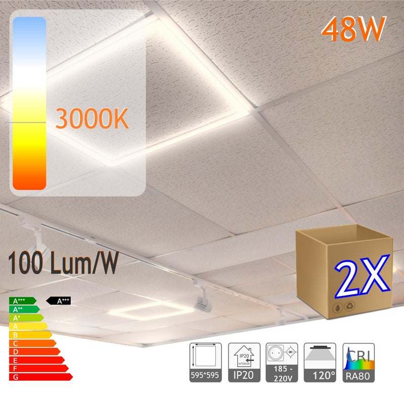 Zestaw 2x 2x Kwadratowa rama oświetleniowa LED 60x60cm 48W 4800 lumenów, białe światło 3000K, do sufitów podwieszanych