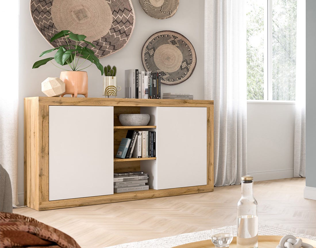 Ethan – buffet bas – 2 portes et 3 niches – effet bois et blanc - 130 ...