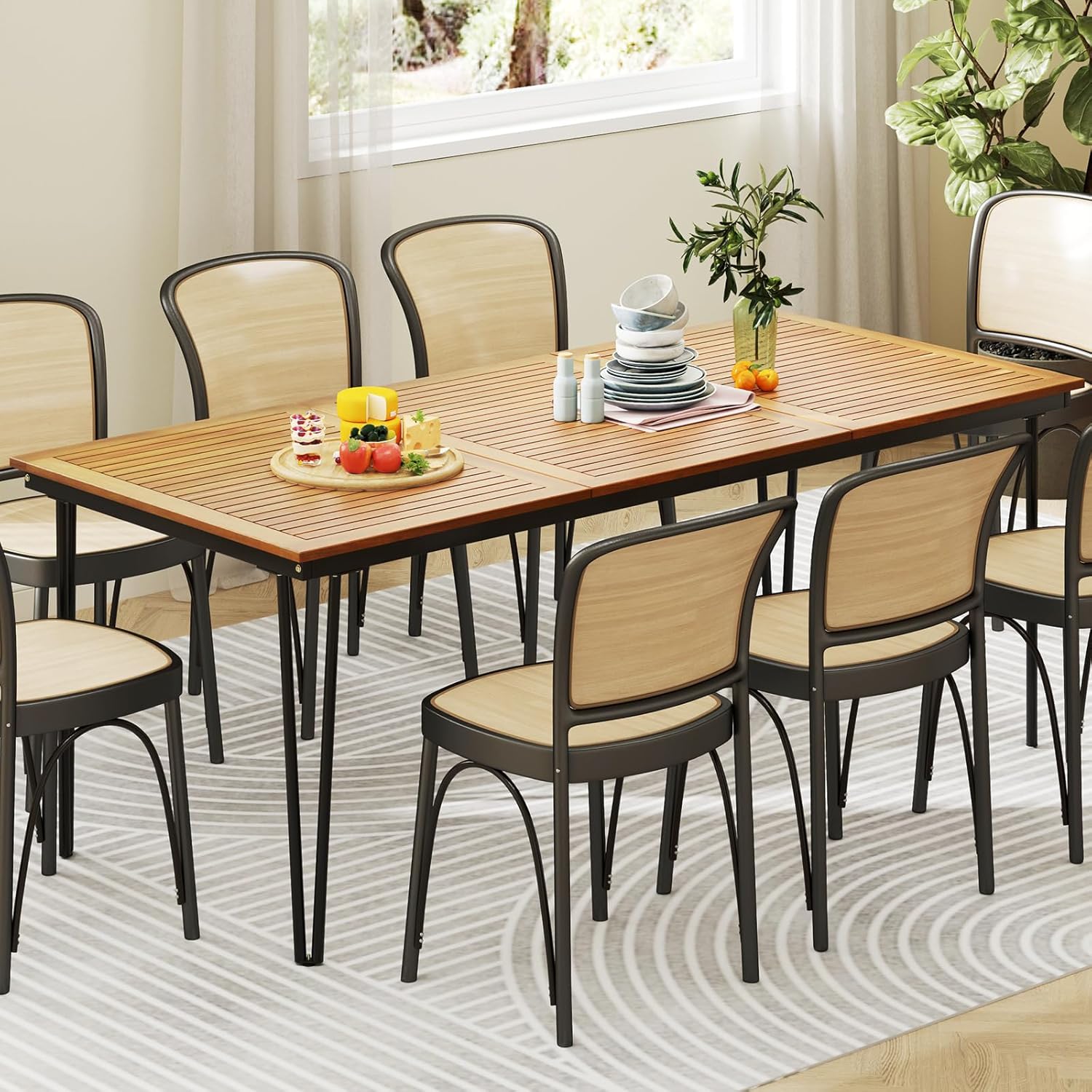 Table à Manger Extérieur en Bois d'Acacia-Certifié FSC pour 8 Personnes, Table de Jardin 200 x 90 cm Design Latte avec Trou φ5 cm pour Parasol - 8