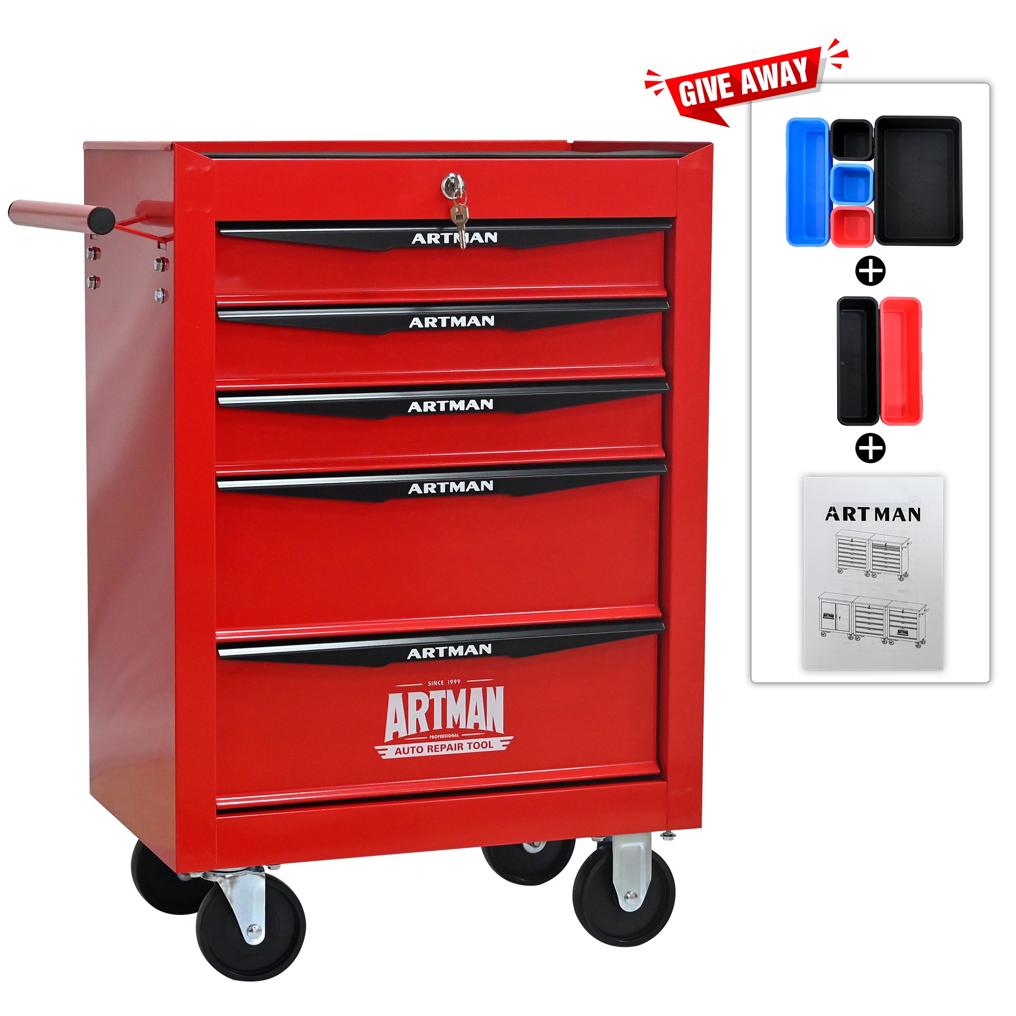 Coffre à outils métallique à roulettes avec 5 tiroirs, armoire à outils pliable en 5 parties avec glissières à billes - 3