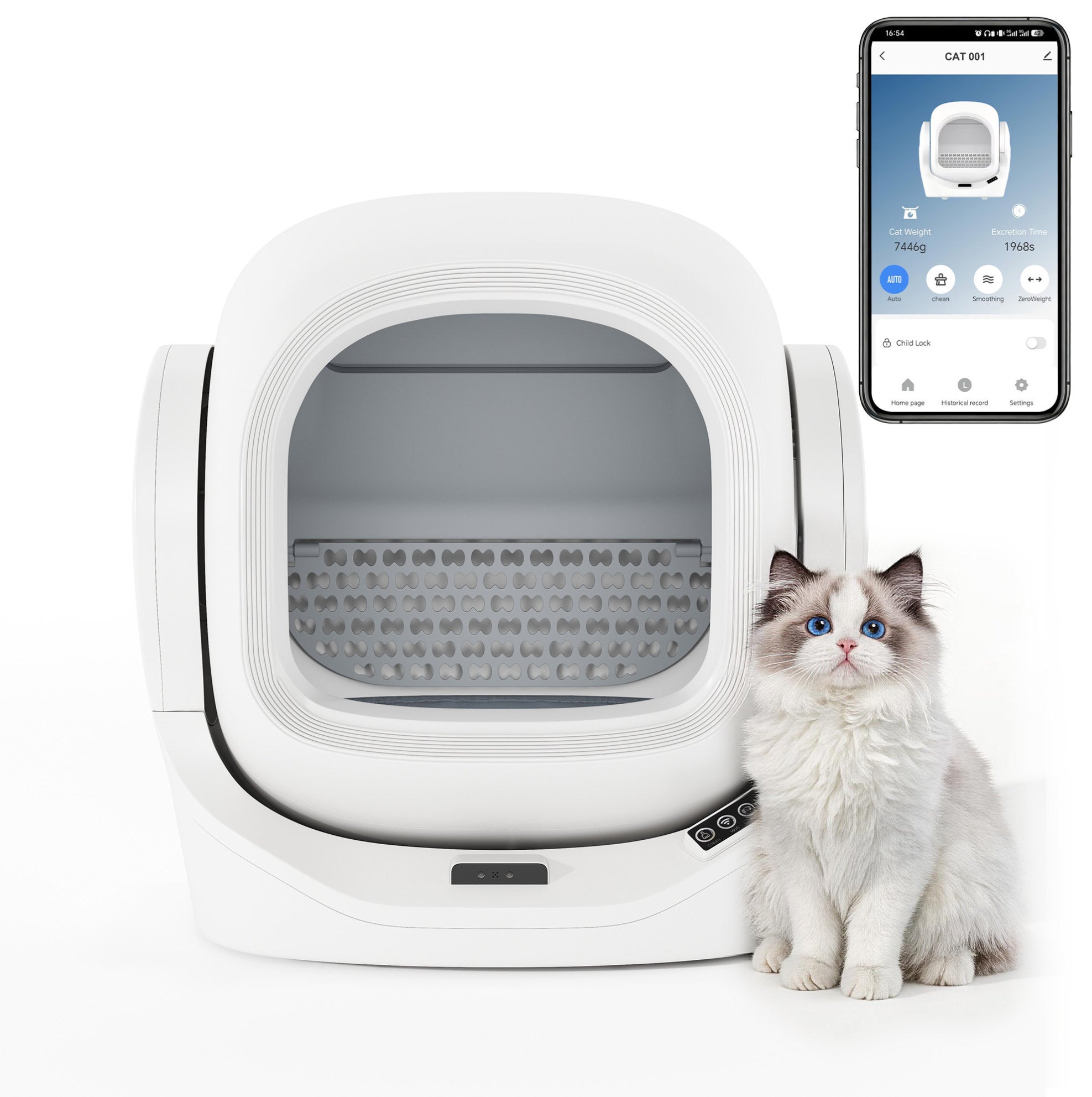 Caixa de areia automática para gato 51.5x45.5x56.5 cm autolimpante, controlo por aplicação ABS e PC branco - 2