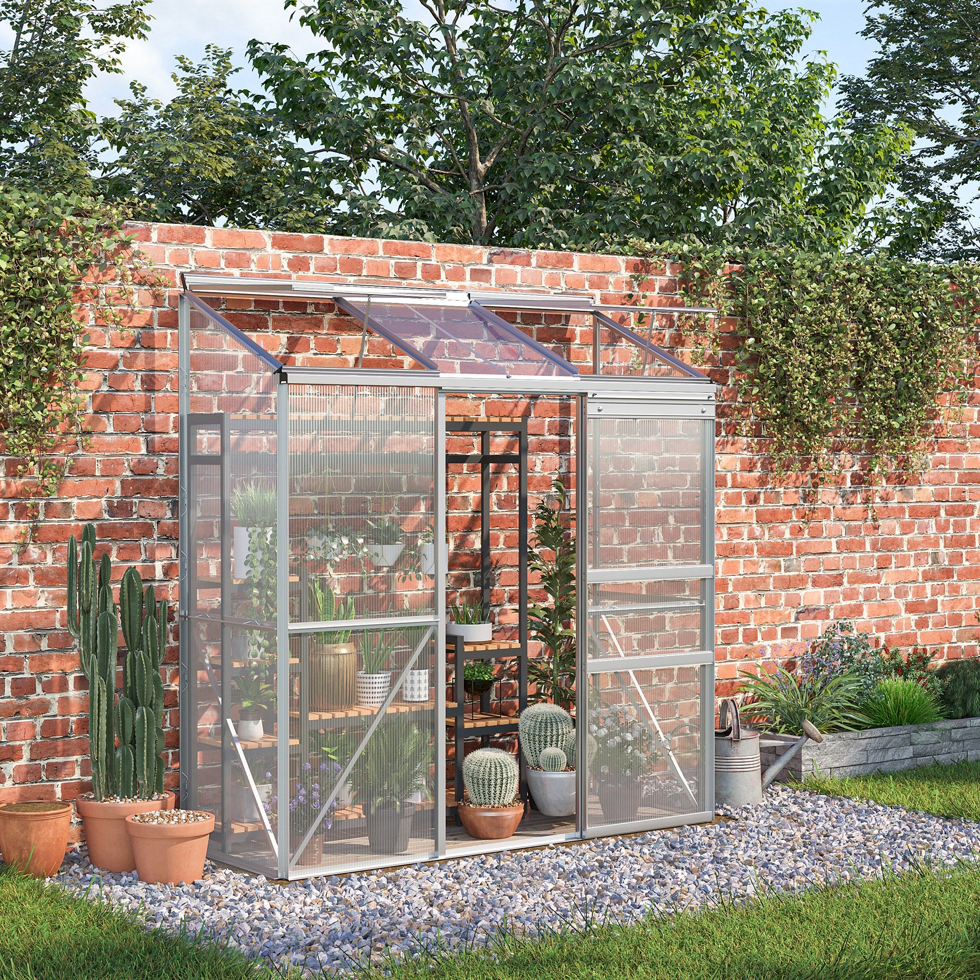 Serre adossée serre de jardin fenêtres ouvrables à 5 niveaux panneau en PC cadre aluminium 1,9 x 0,7 x 2 m transparent - 4