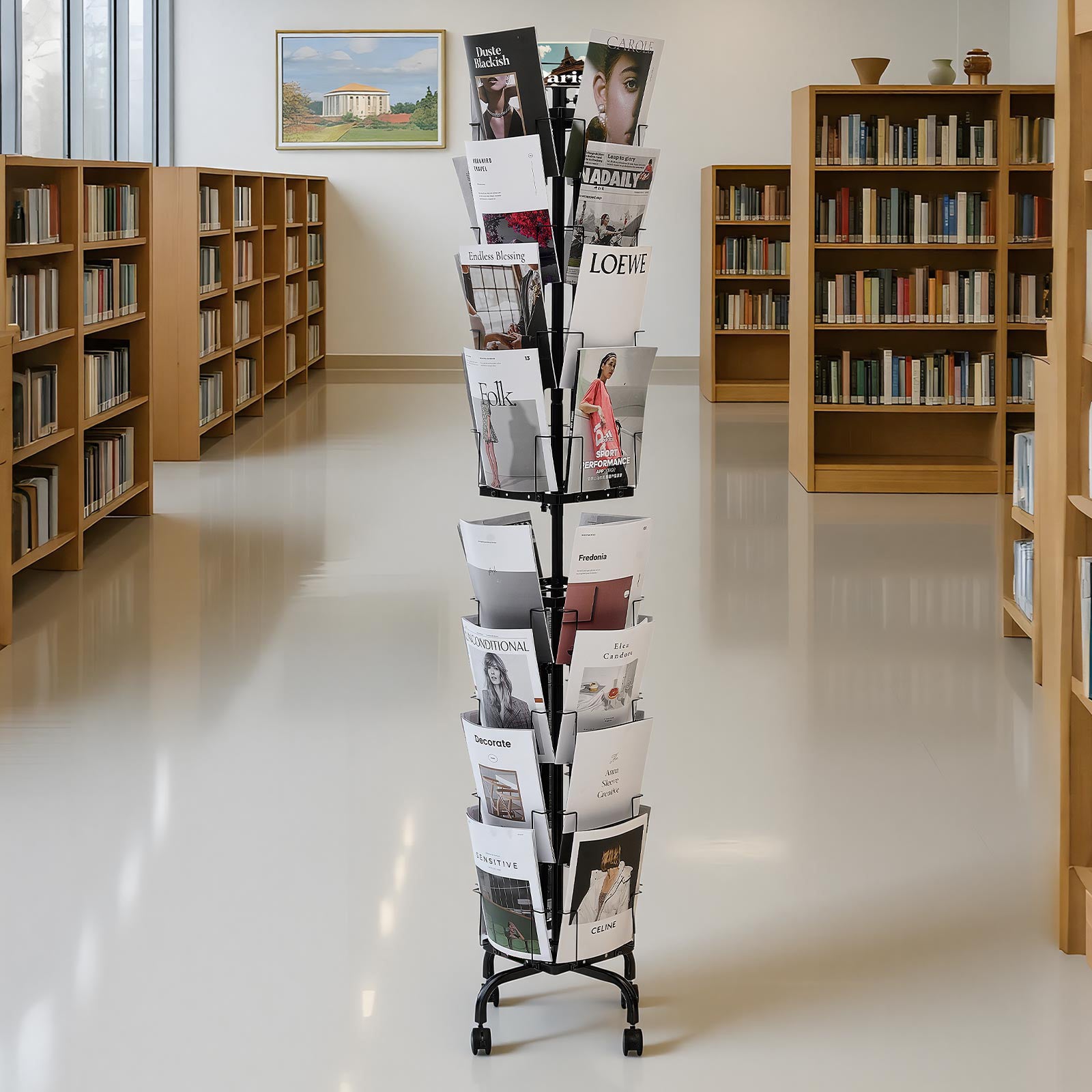 Presentoir rotatif SucceBuy 32 pochettes pour cartes postales et de vœux, ideal pour expositions, bureaux, salons et magasins, equipe de 4 roulettes - 8