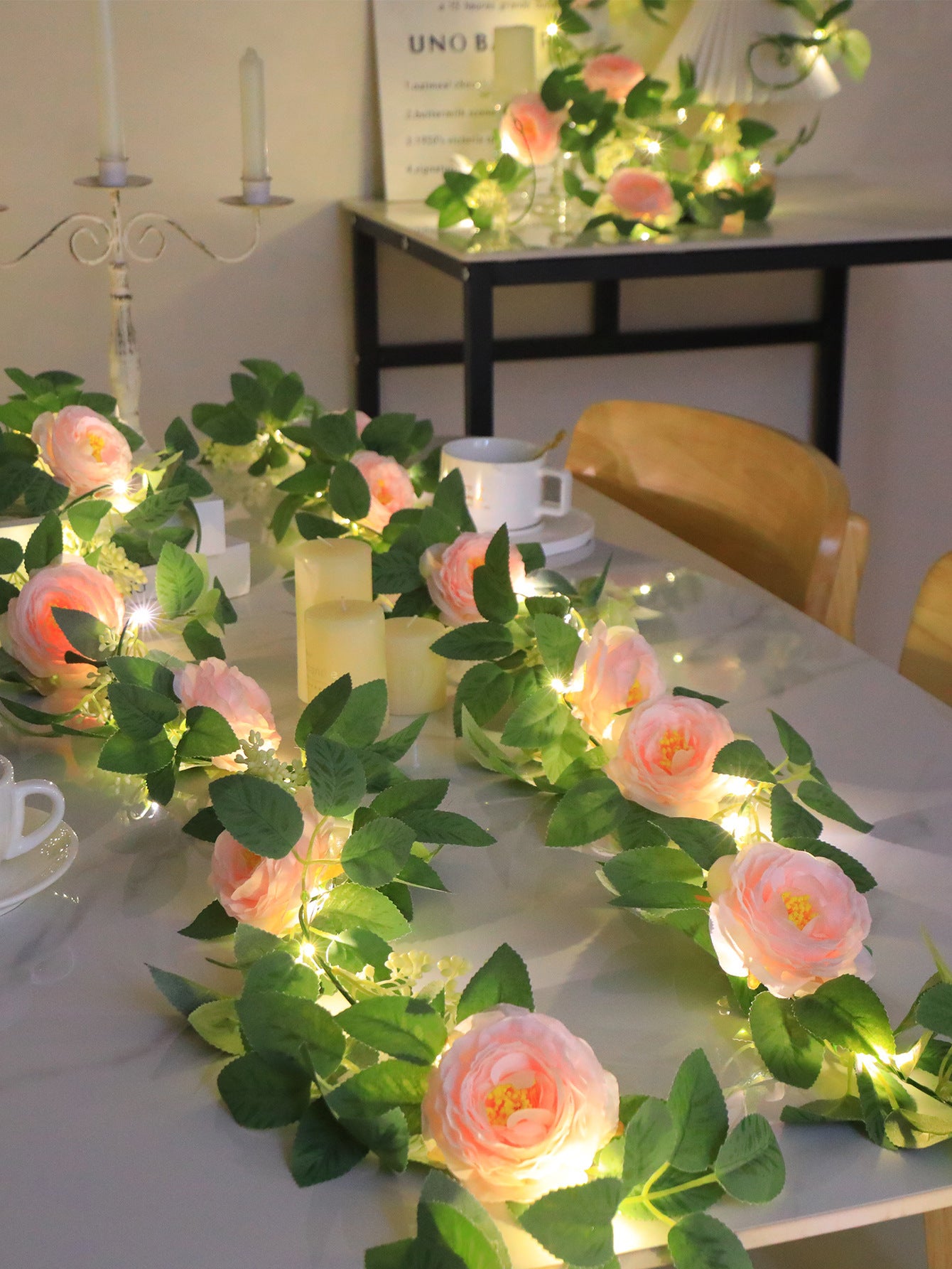 2pcs branco quente LED luzes de corda de rattan decorativas luzes de corda de camélia falsa 2 metros 6 flores - 2