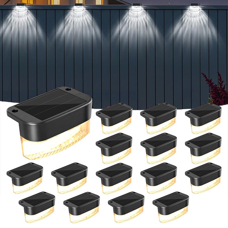 Zestaw 16 zewnętrznych lamp solarnych do ogrodzenia, oświetlenie nastrojowe LED do schodów, światło białe