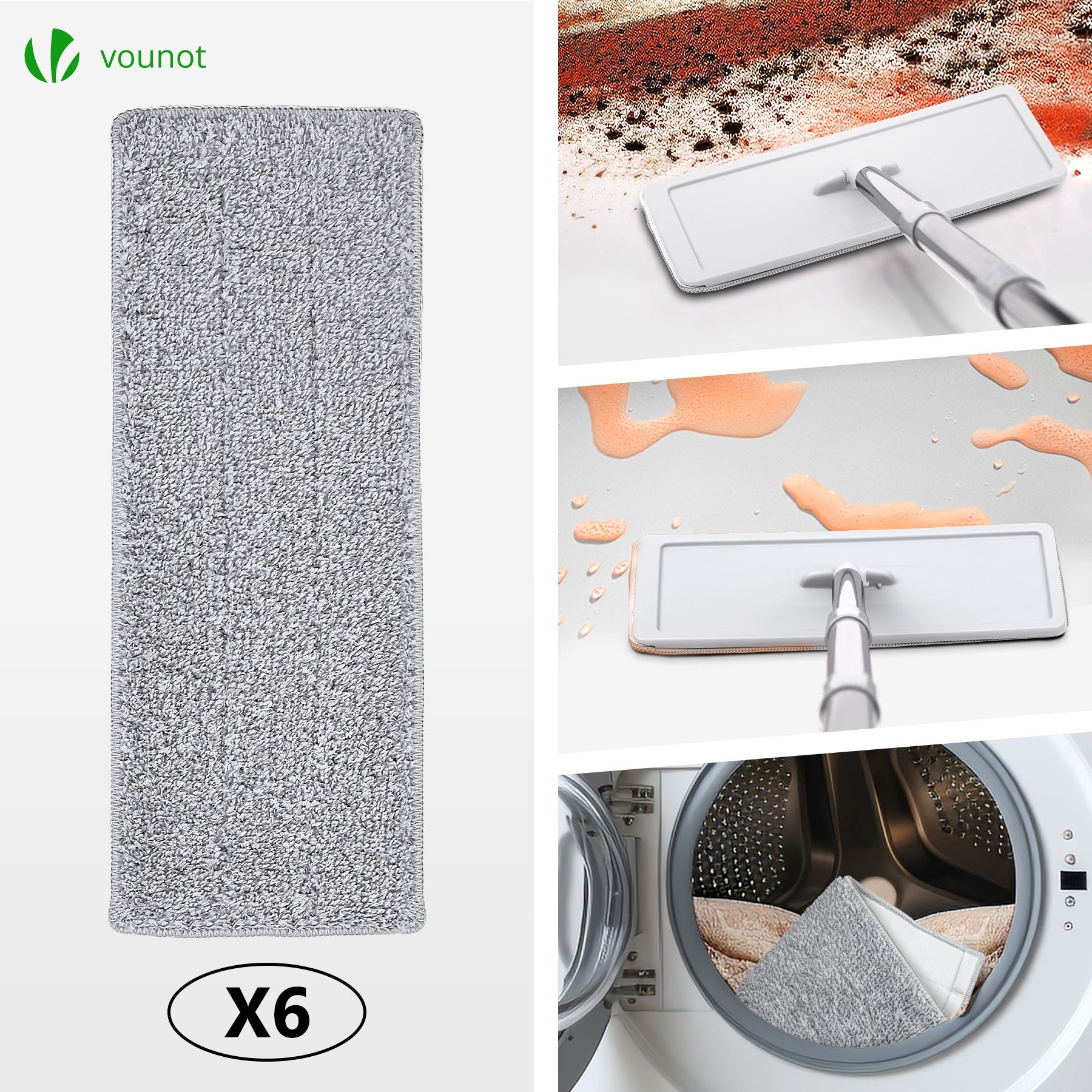 Balai plat microfibre avec seau essoreur auto-lavage double compartiment - 6 serpillères réutilisables - blanc - VOUNOT® - 5