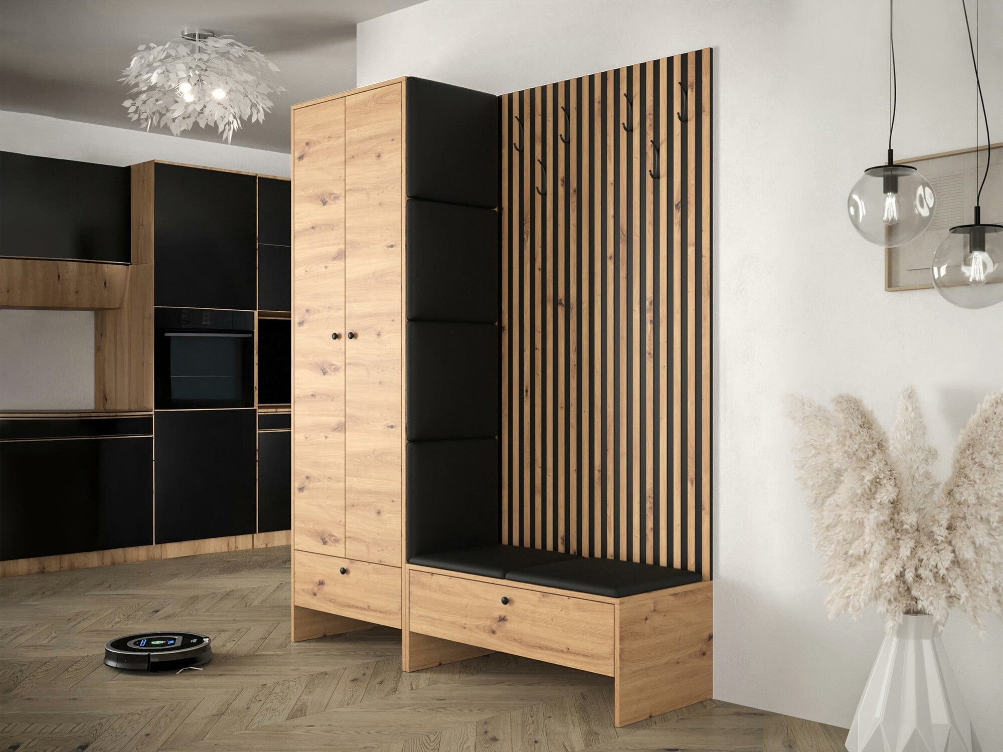 Meuble d'entrée Donio III, 206x145x44cm, Chêne Artisan, Noir, Stratifié, Faux cuir, À poser - 2