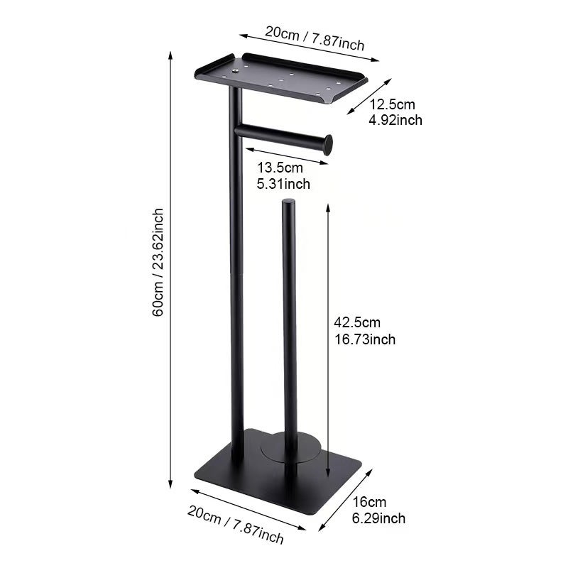 Porte-Rouleau de Papier Toilette sur Pied avec étagère de Rangement supérieure, Support de Papier Toilette Noir, Distributeur de Papier Toilette au - 2