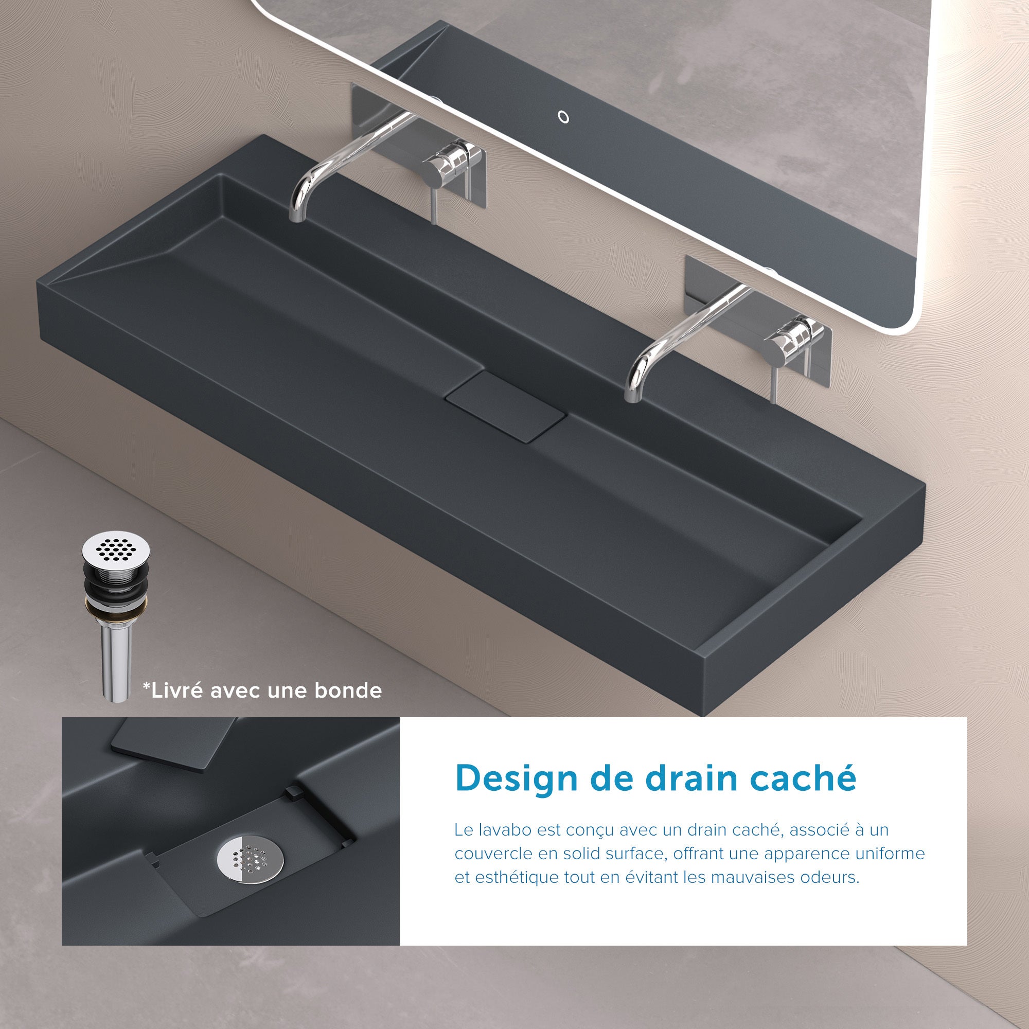 Lavabo Suspendu, Vasque à Poser, Lave-Mains Rectangulaire, 120x46x11cm, Gris Noir Mat, avec Bonde, Colossum19 doporro - 3