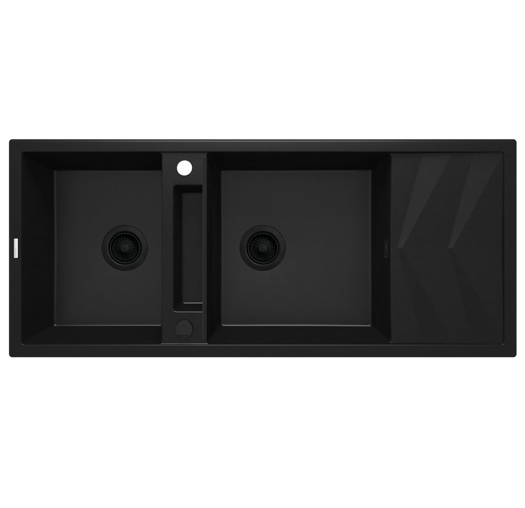 Fregadero de cocina de granito magnético negro - deante - 50 x 116 cm, 2 cubetas con escurridor