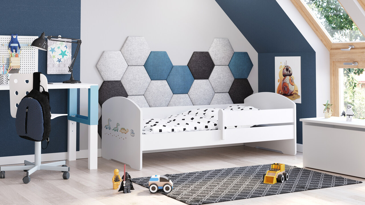 Białe Łóżko Dziecięce 160x80 cm z Barierką – Wzór Dinozaur – W Zestawie Materac Piankowy i Pełna Konstrukcja, Wymiary 164x88x63 cm