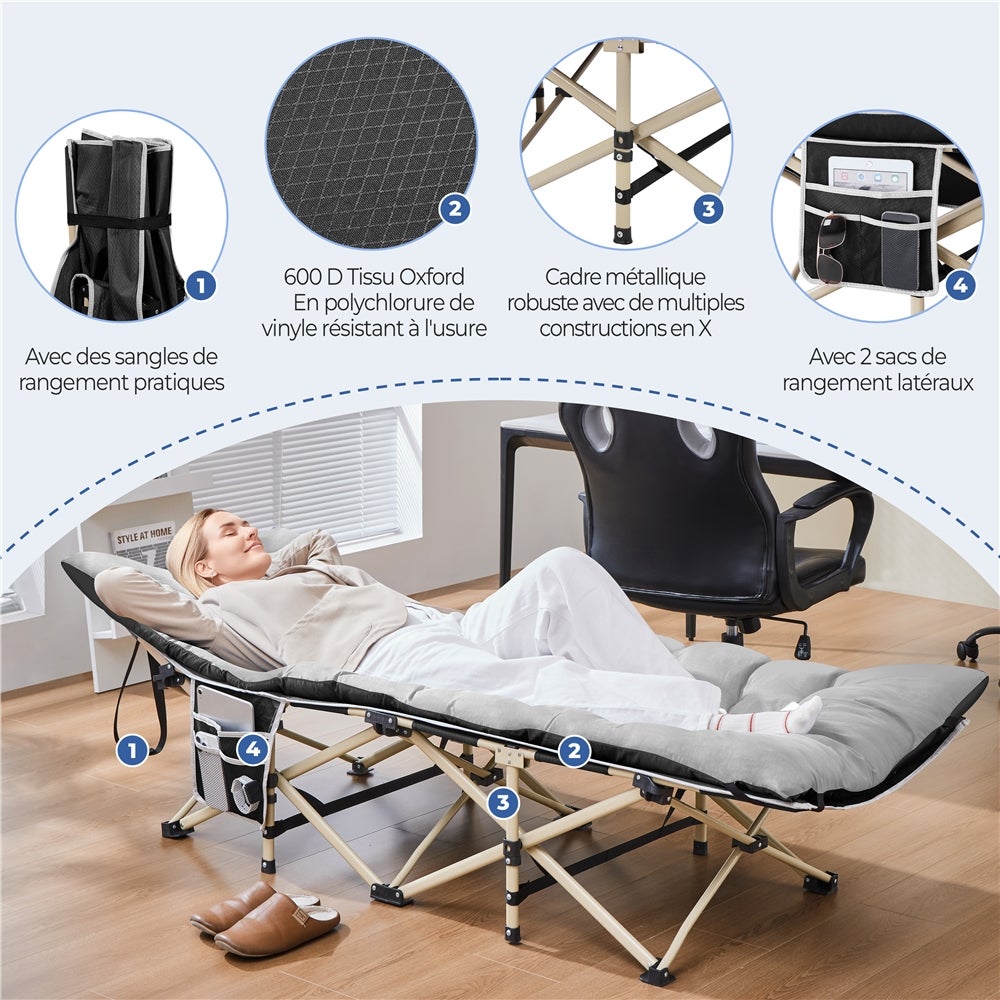 Lit de Camp Pliable avec Matelas Pochette Lit de Camping avec Sac de Transport, Cadre Noir/Coussin Gris Yaheetech - 3