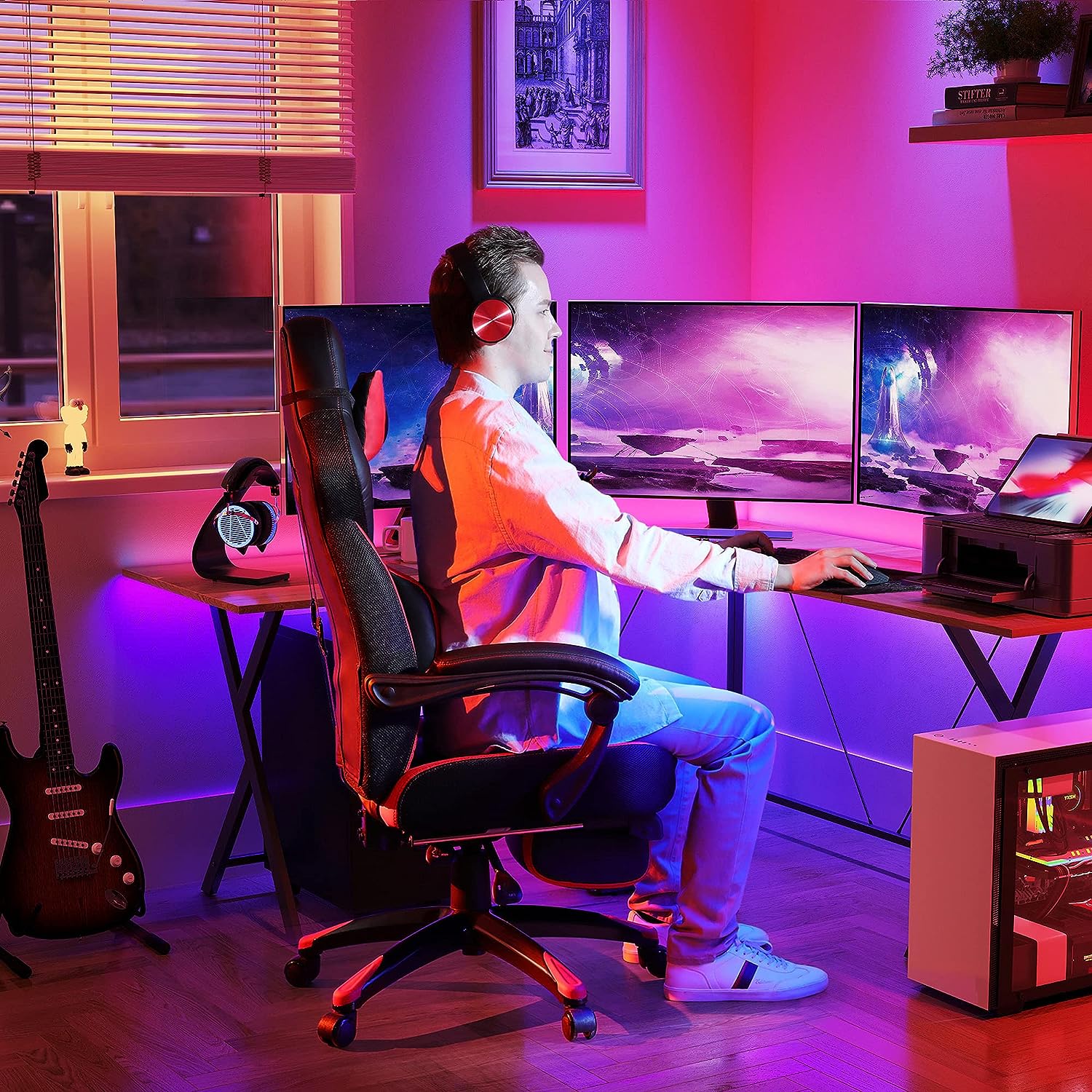 Fauteuil Gamer Ergonomique, avec Repose-Pieds télescopique, Appui-tête réglable, capacité de Charge 150 kg, Rouge et Noir - 2
