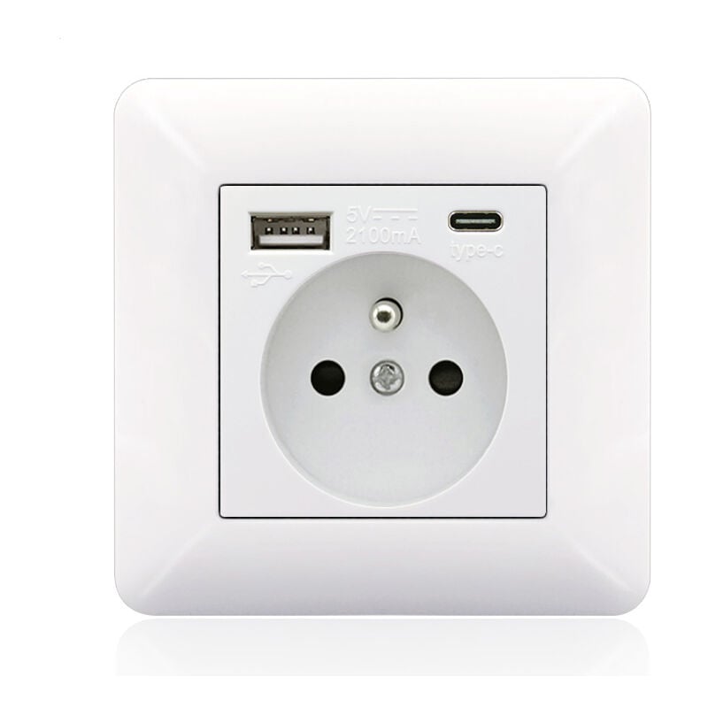 Francuski panel gniazdek Typ 86 - 2 gniazdka + 1 USB + 1 Type-C, Łuk Biały
