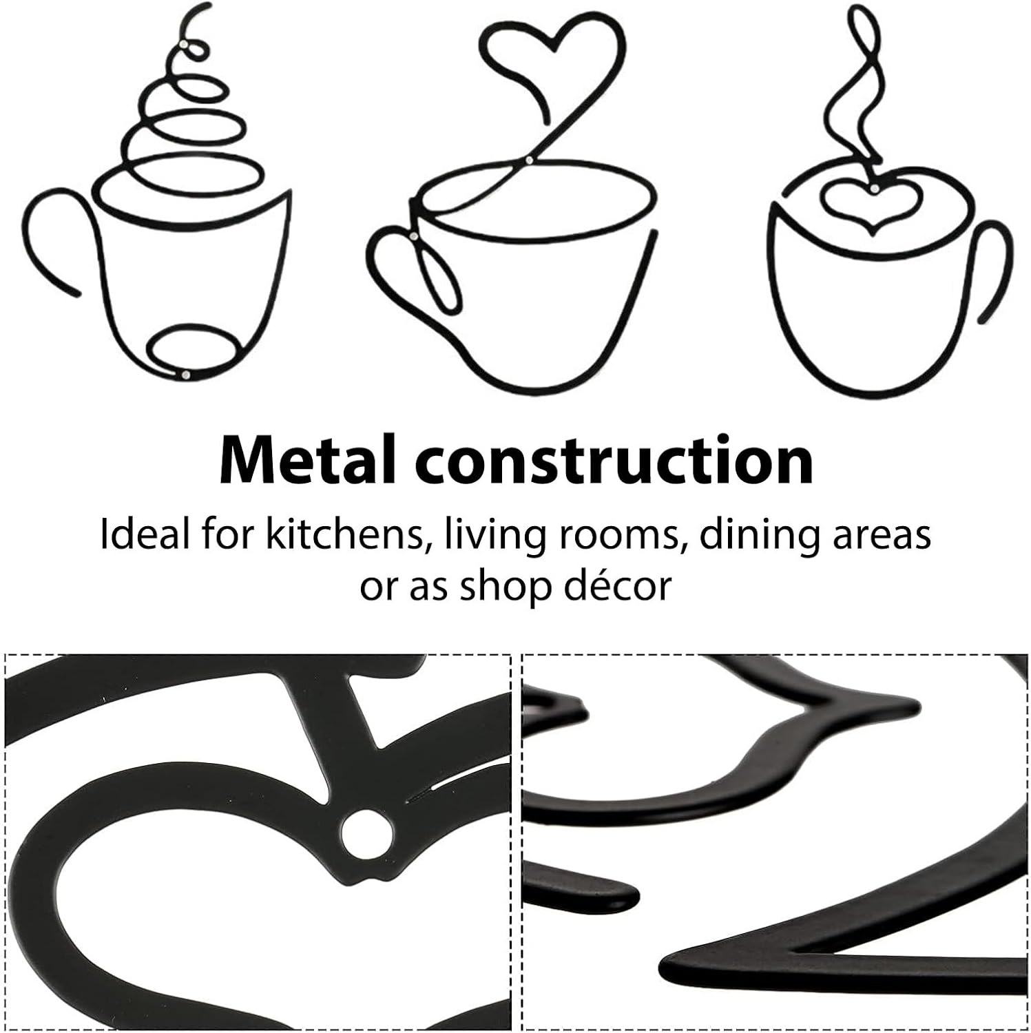 3 Pièces Décoration Murale Métal, Noir Tasse à Café Tableau Decoration Murale, Minimalist Ligne Art Mural Déco - 5