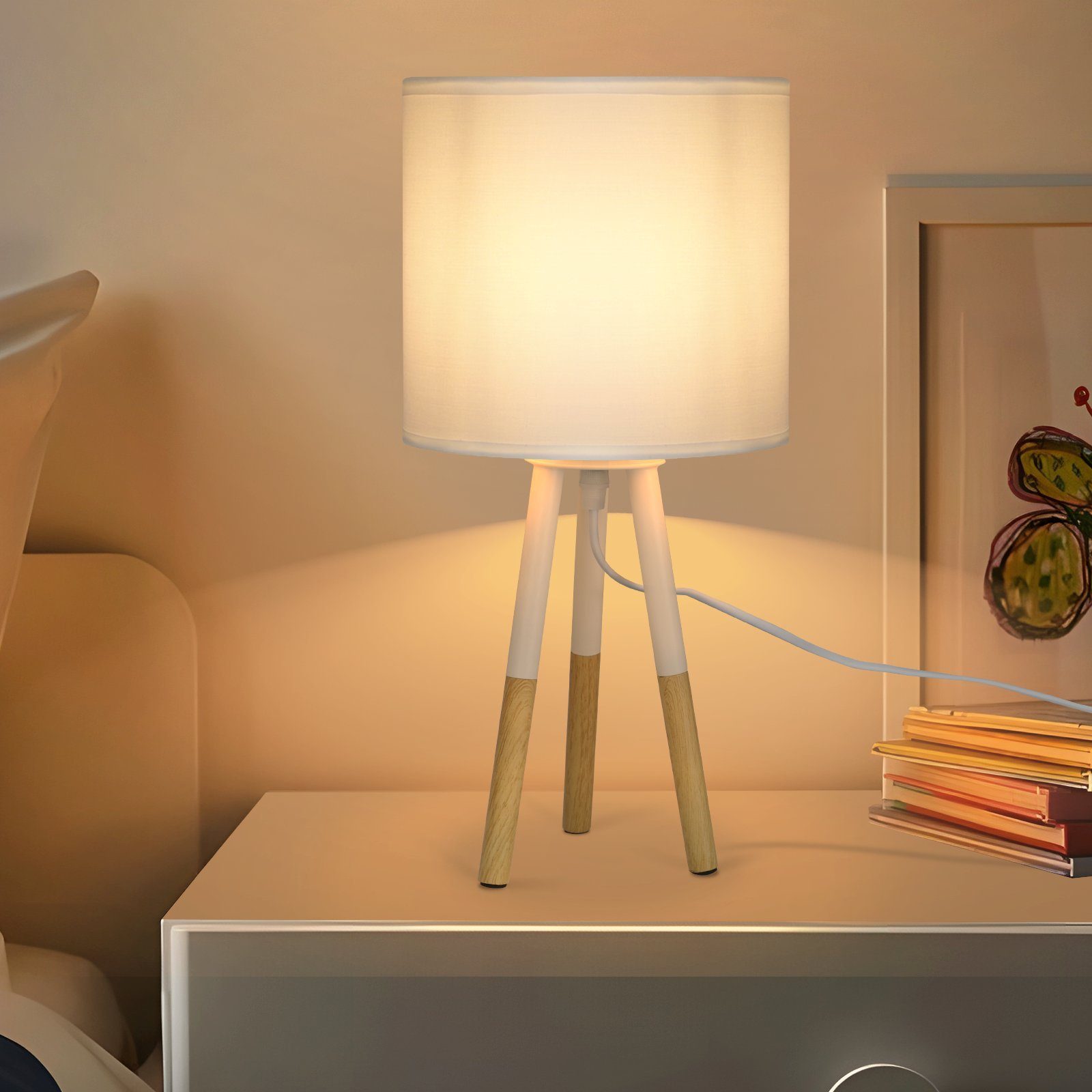 NETTLIFE Lampka nocna Zestaw 1 nowoczesnych lamp stołowych - Lampa stołowa do salonu z abażurem z tkaniny Gniazdo E27 Max. 40W Biały