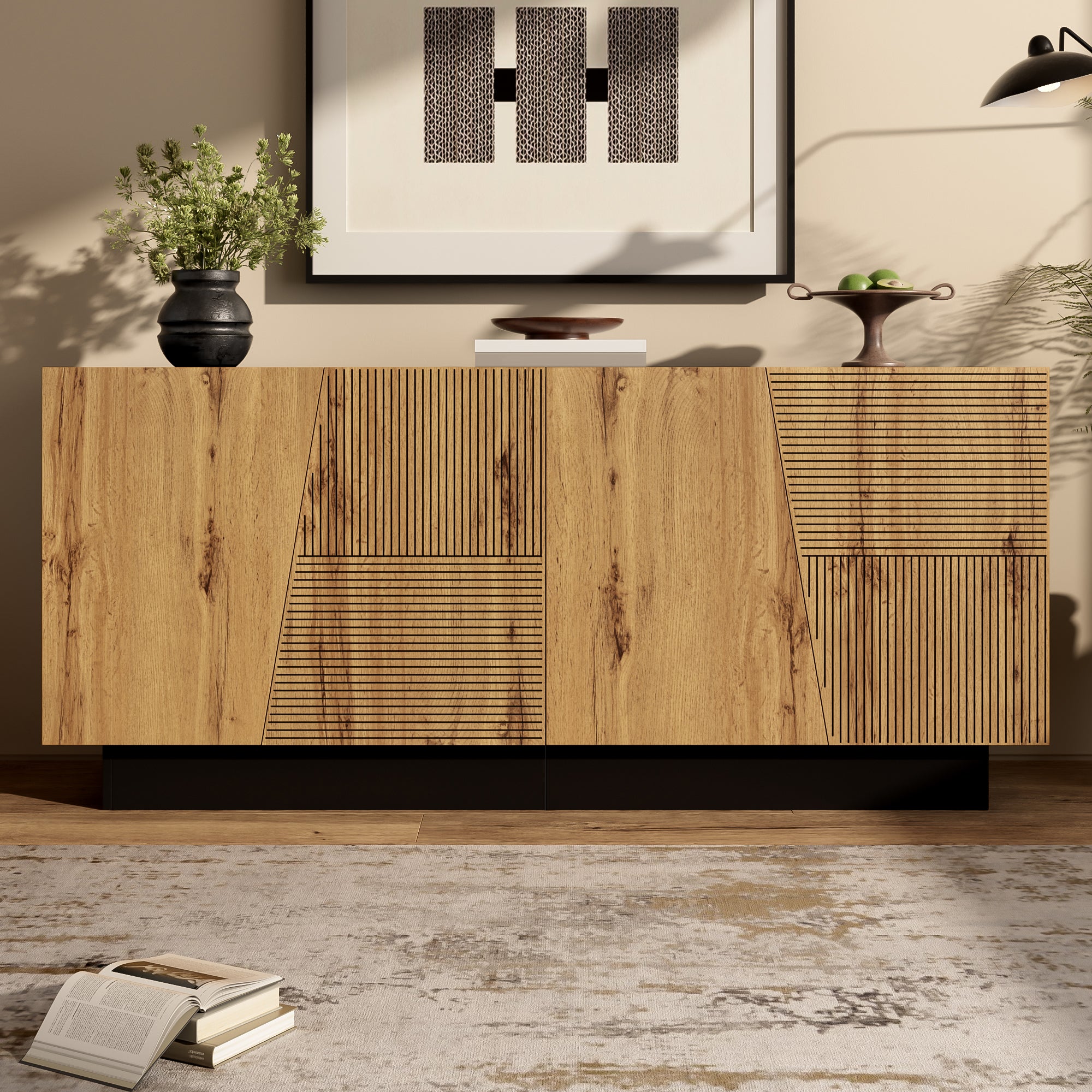 Nowoczesna komoda z 4 drzwiami - 160 x 40 x 72 cm - Płyta wiórowa - Drewno i czerń - 3