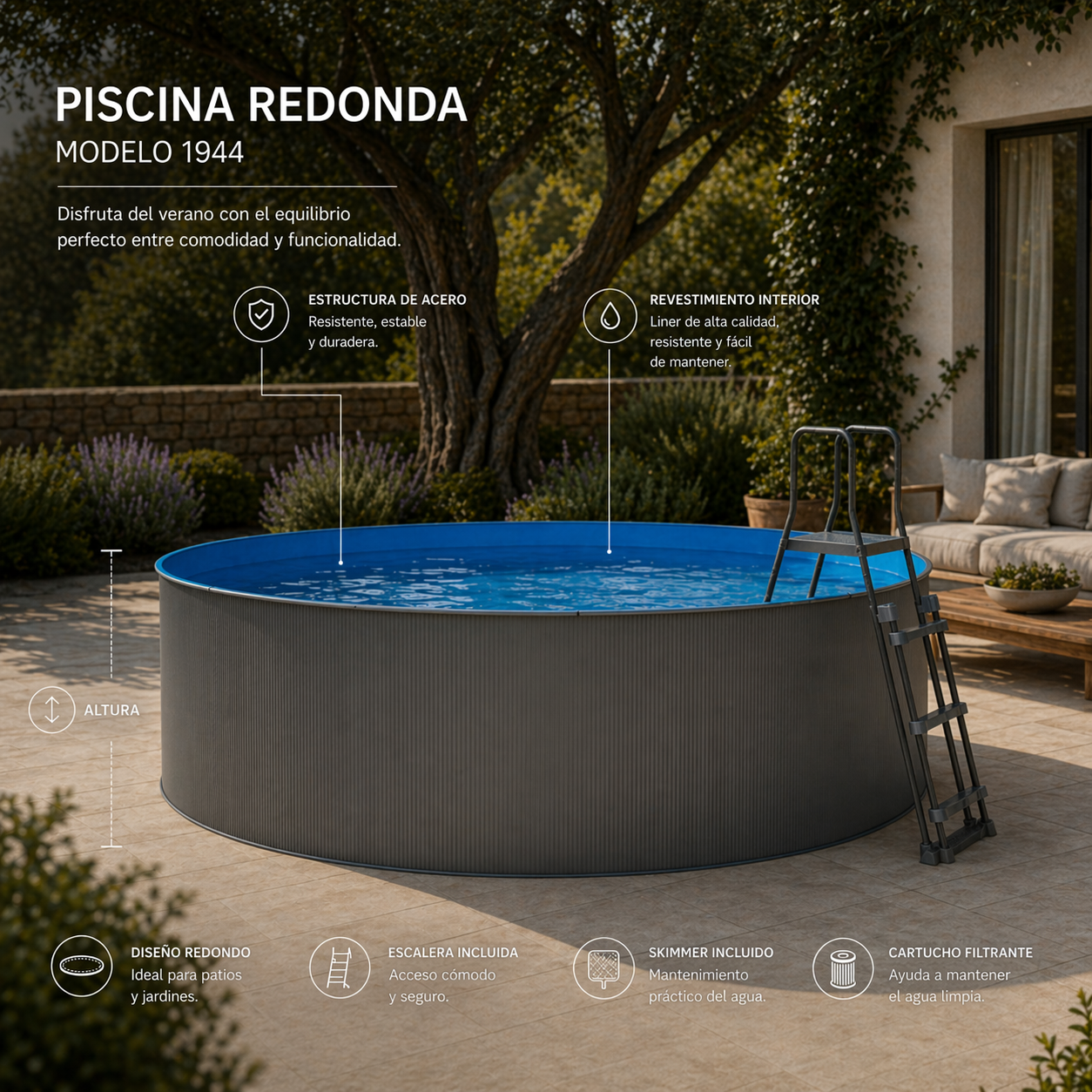 Piscina elevada redonda em aço antracite sem obras 460 x 120 cm - 5
