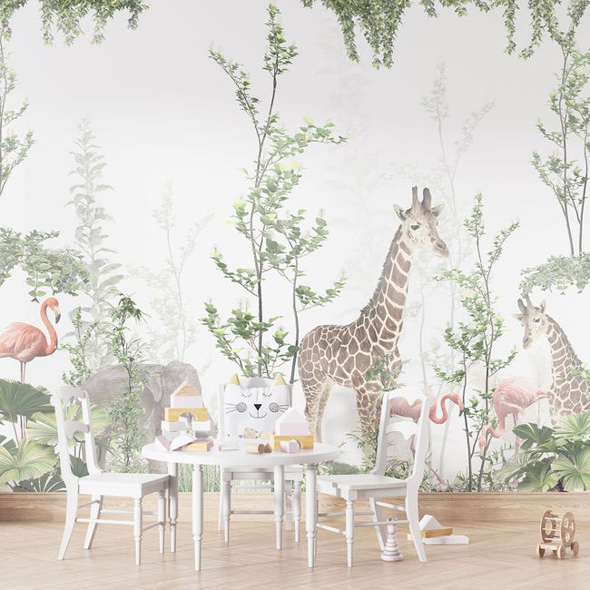 Papel Pintado 3D Animales De La Selva - Fotomural 350x250 Cm, Tela Seda, Para Habitación Infantil, Dormitorio O Salón