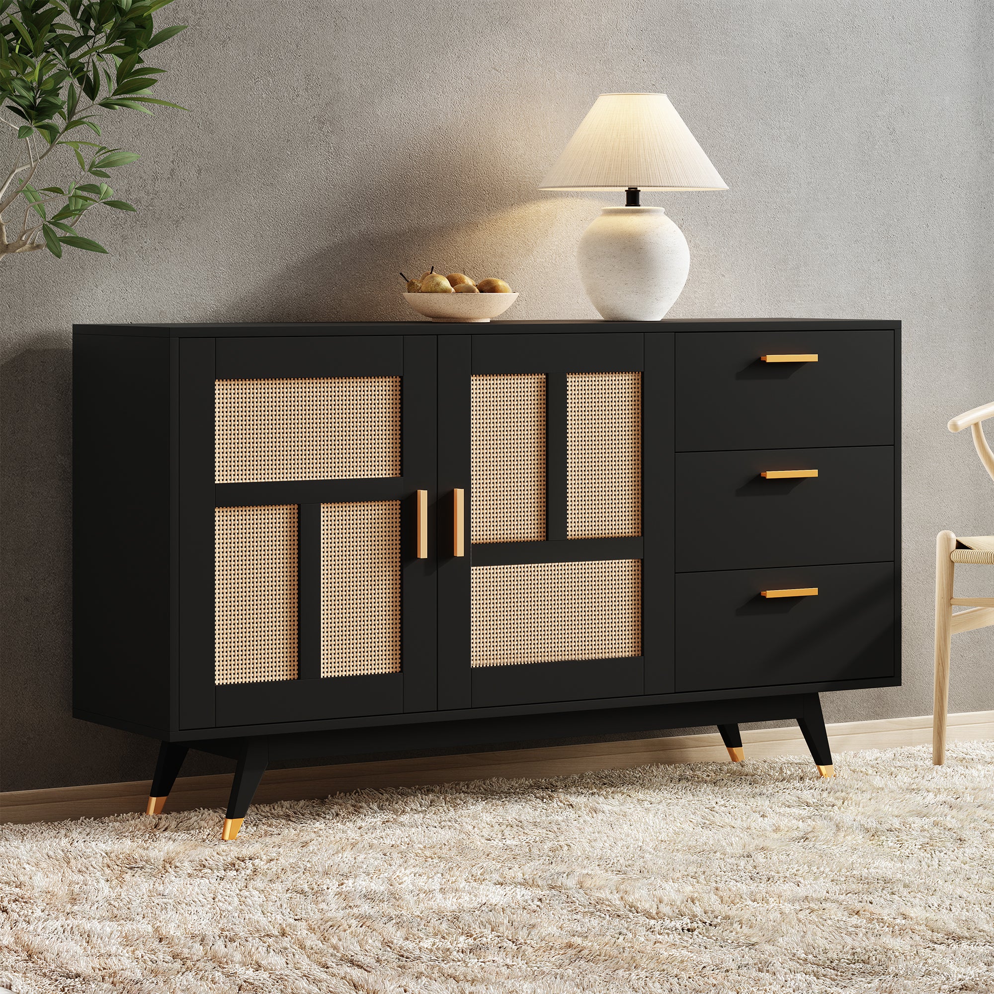Buffet en rotin, buffet noir avec 2 portes en rotin et 3 tiroirs, 160 x ...