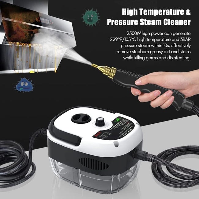 Limpiador a vapor portátil de 2500 W - Limpiador a vapor de alta temperatura - Con cabezales de cepillo - Para muebles de cocina, baño y coche - 3