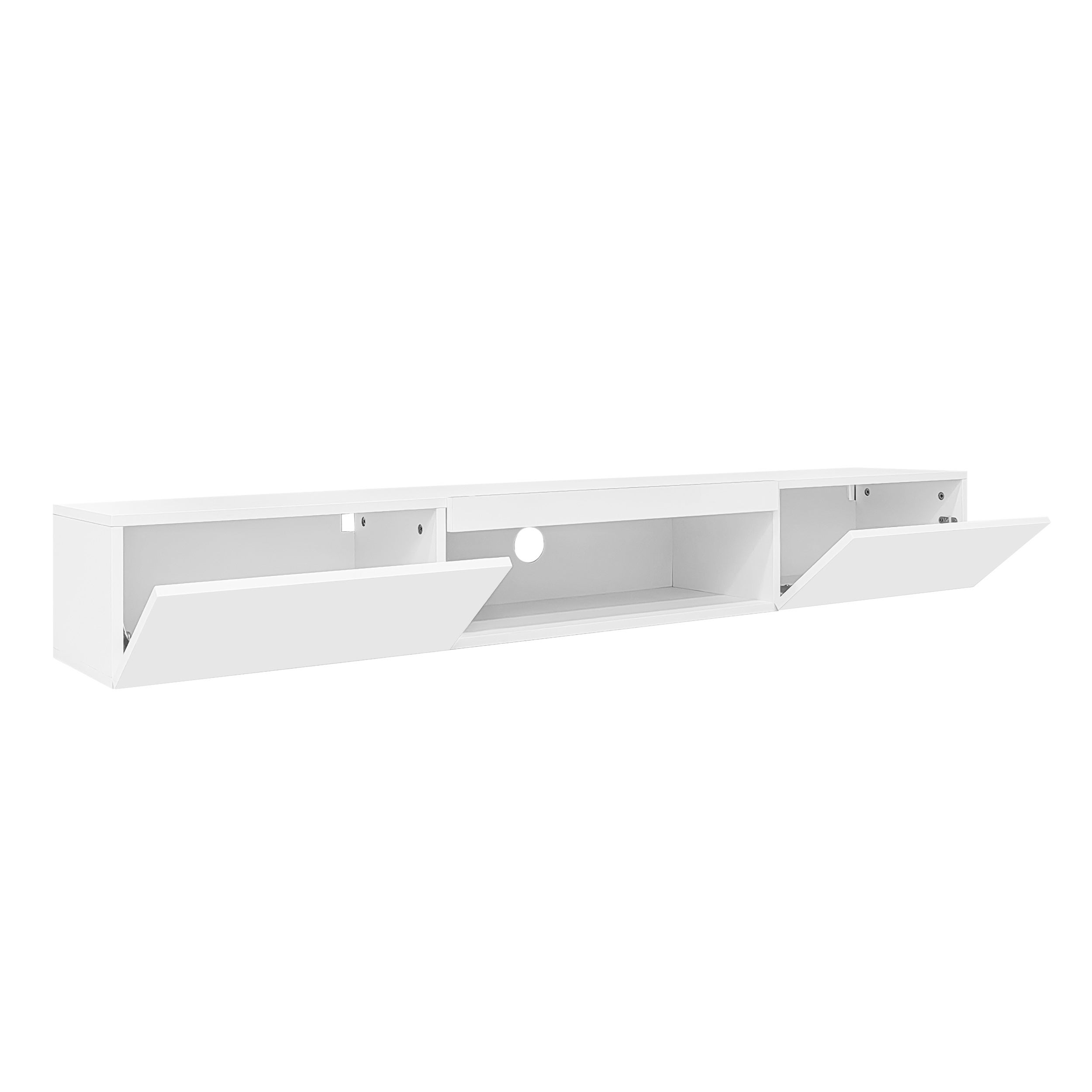 Meuble TV suspendu 160cm - 1 compartiment ouvert & 2 portes abattantes - aspect brillant - Blanc - 9