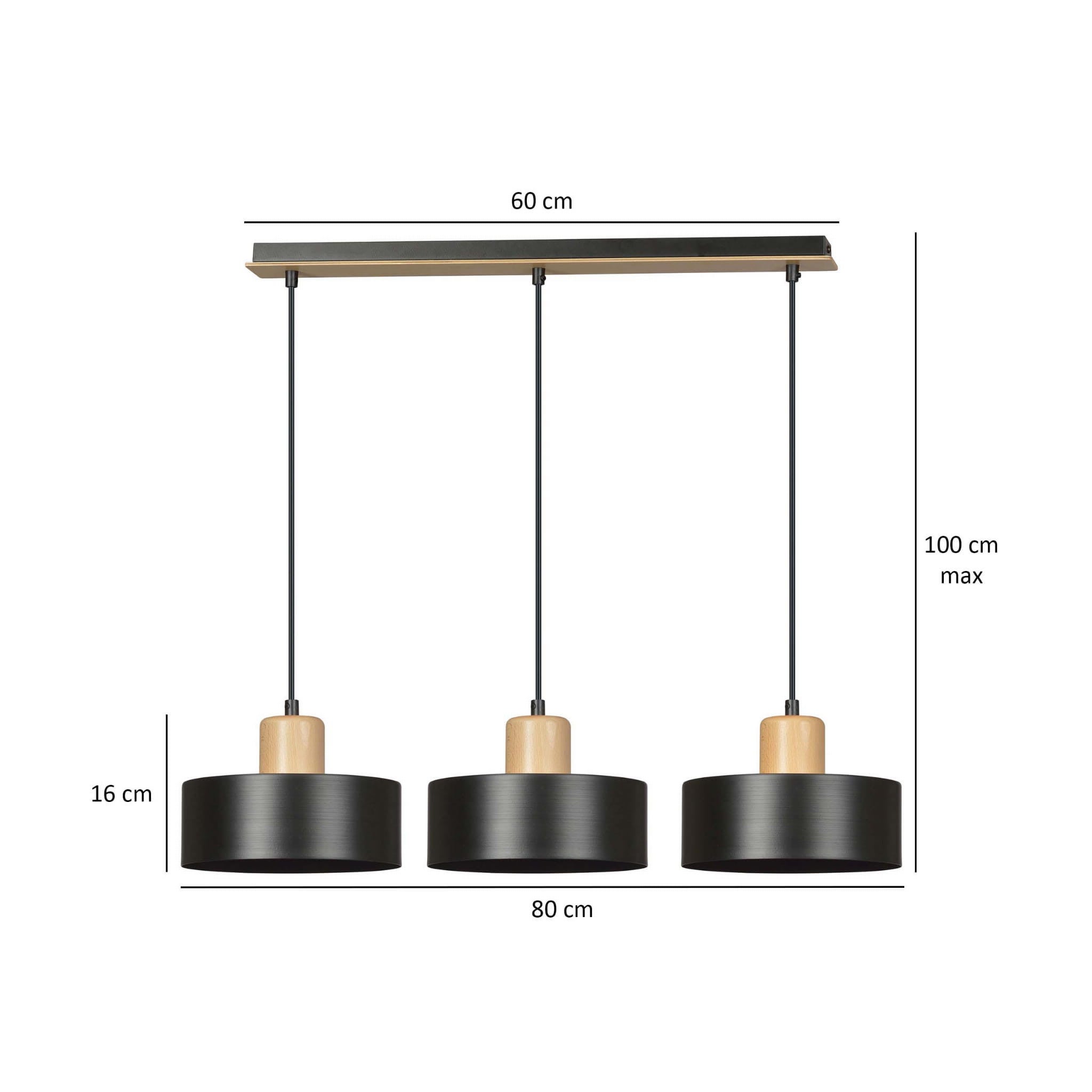 Lampa wisząca Torin czarna-jasne drewno 3xE27x15W wym: 100 x 80 x 25 cm metal Emibig - 3